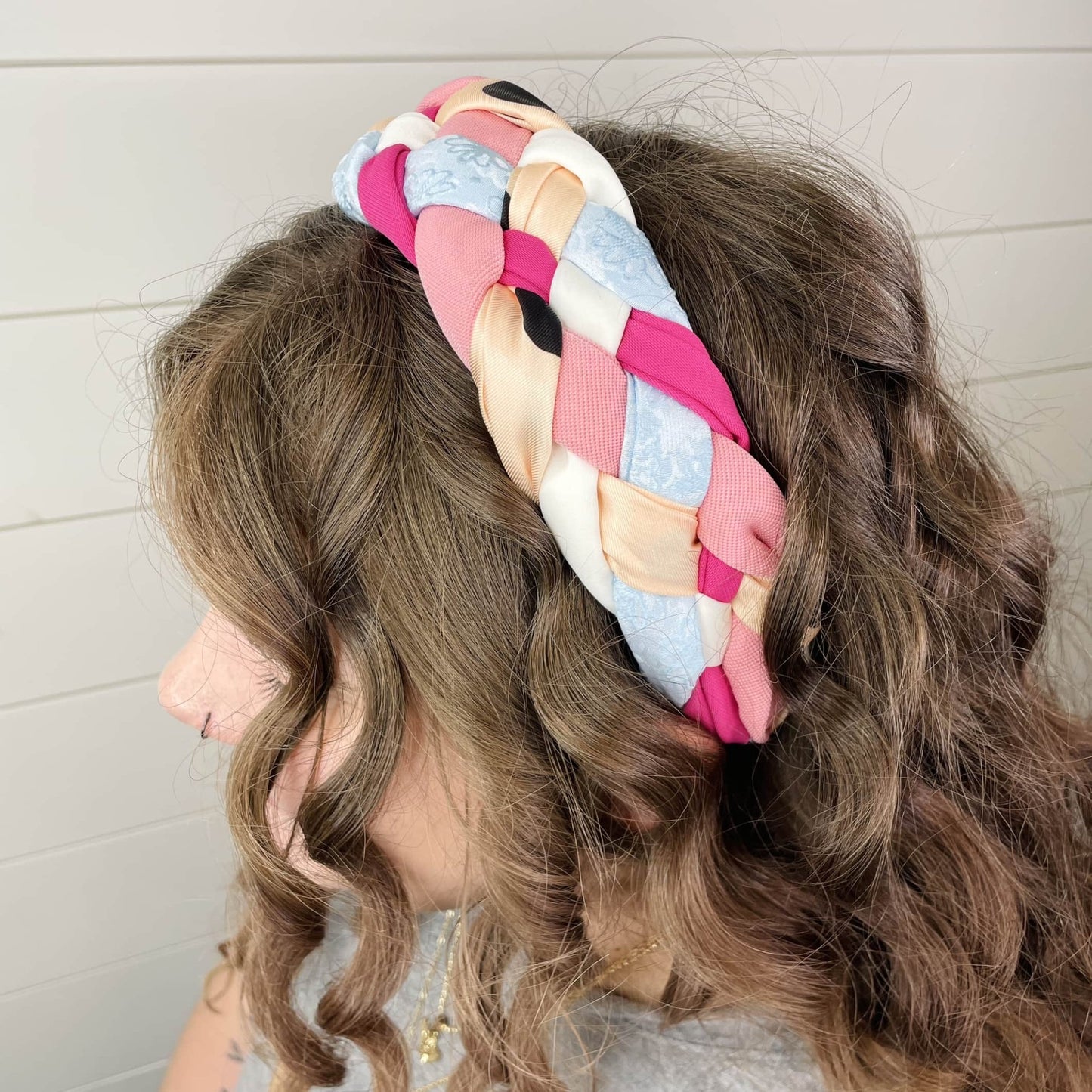 Unique Braided Fabric Headband- Pink - Gray Bird