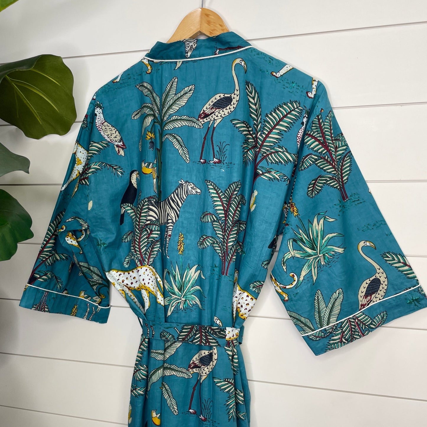 Women's 100% Cotton Indian Block Printed Kimono Robe- Sapphire Safari - Gray Bird