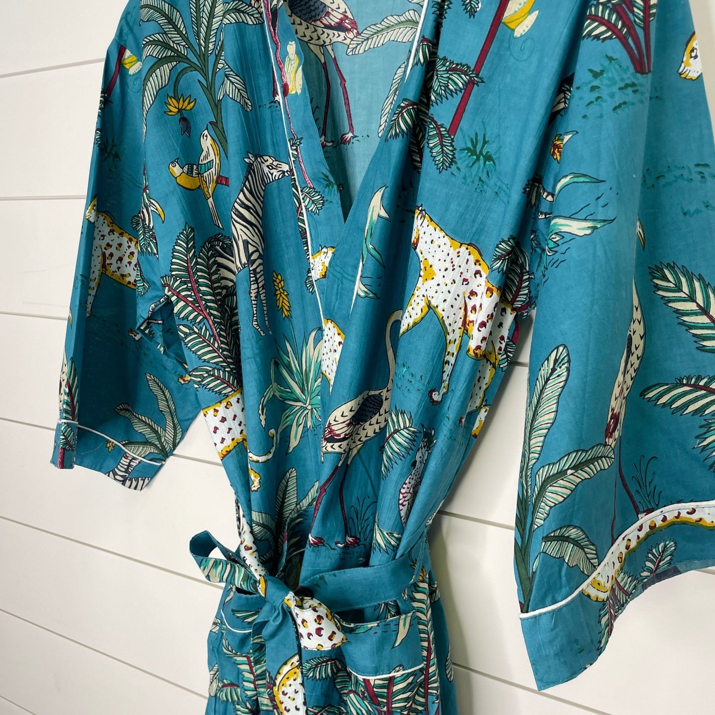 Women's 100% Cotton Indian Block Printed Kimono Robe- Sapphire Safari - Gray Bird