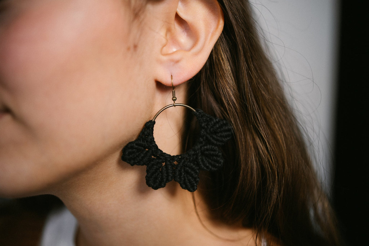 Woven Macrame Boho Leaf Earrings- Black - Gray Bird Label