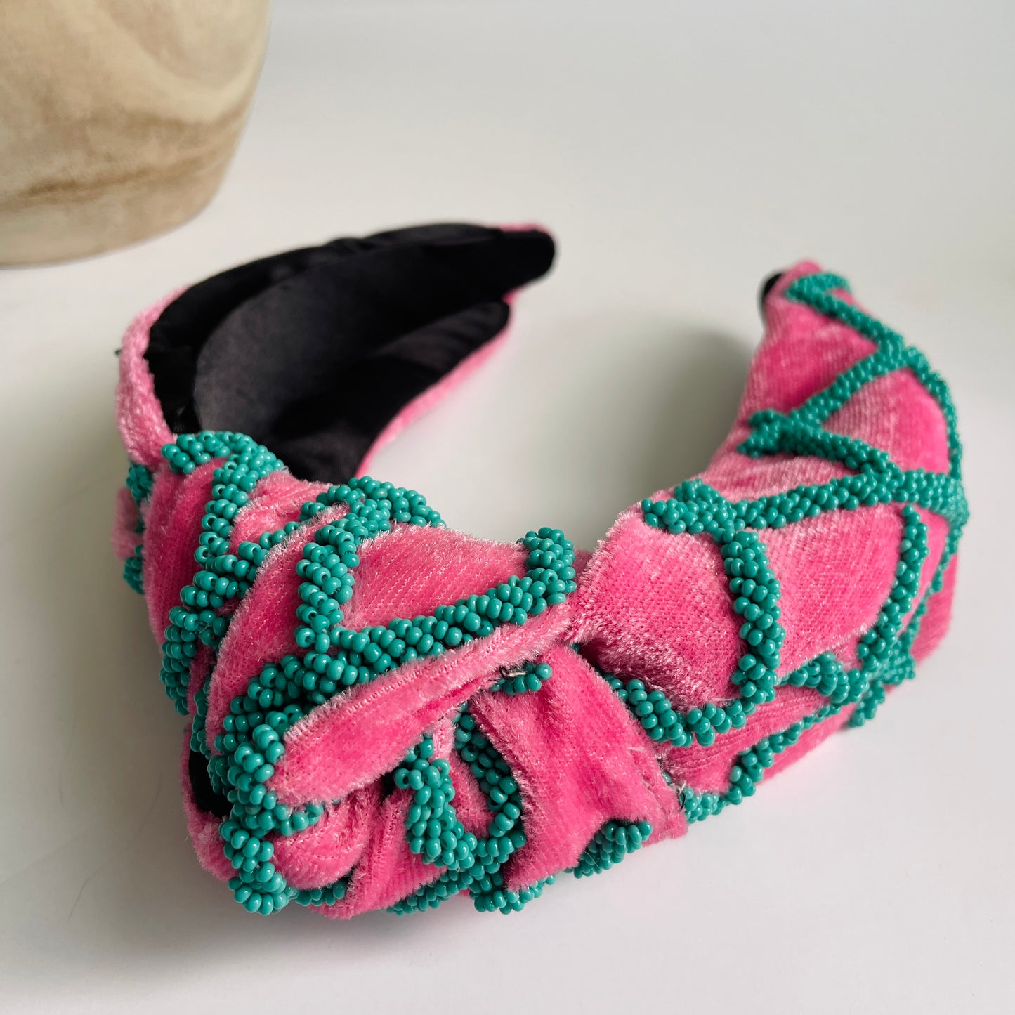 Preppy Pink & Seafoam Green Hand Seed Beaded Lattice Luxury Knot Headband