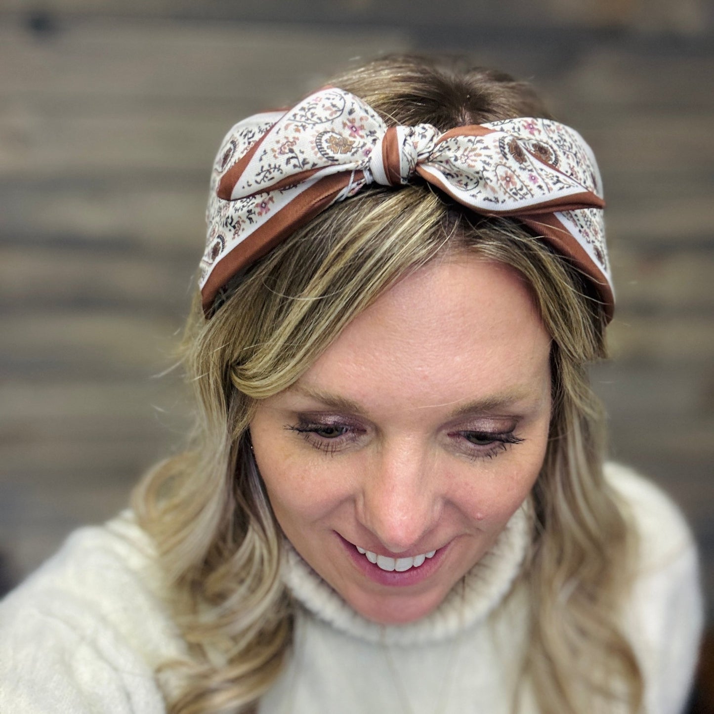 Cognac Paisley Boho Satin Scarf Bow Knot Headband - Gray Bird Label