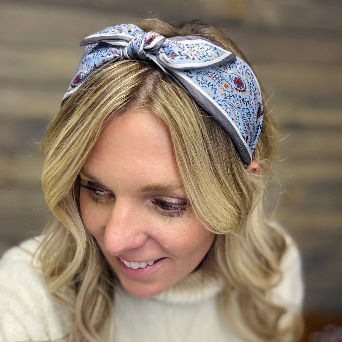 Gray & Light Blue Paisley Boho Satin Scarf Bow Knot Headband - Gray Bird Label