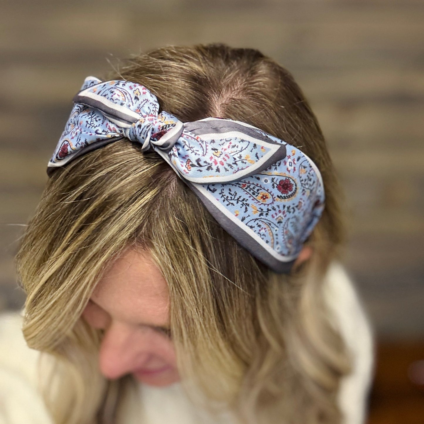 Gray & Light Blue Paisley Boho Satin Scarf Bow Knot Headband - Gray Bird Label