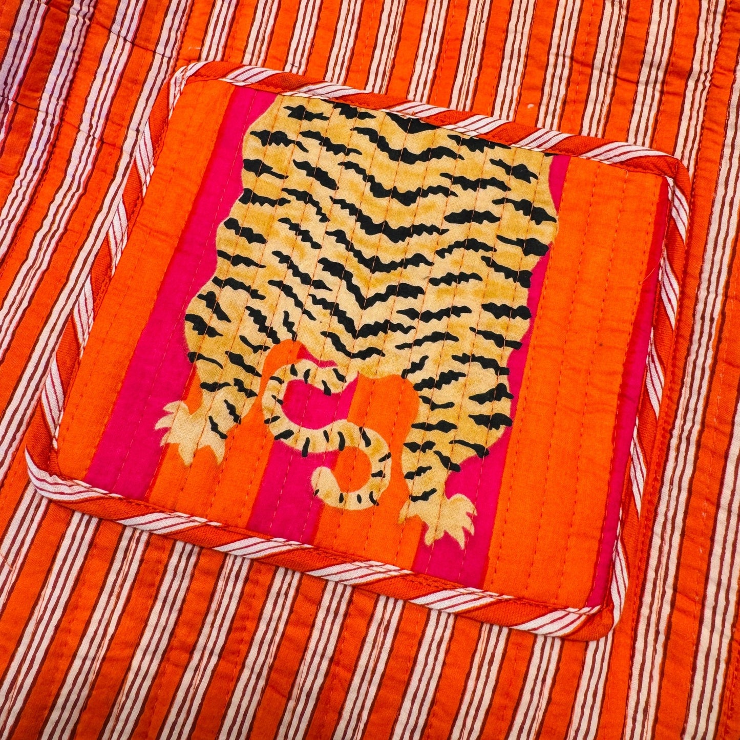 Large Quilted Tote Bag | Block Print | Orange Pink Tiger - Gray Bird Label