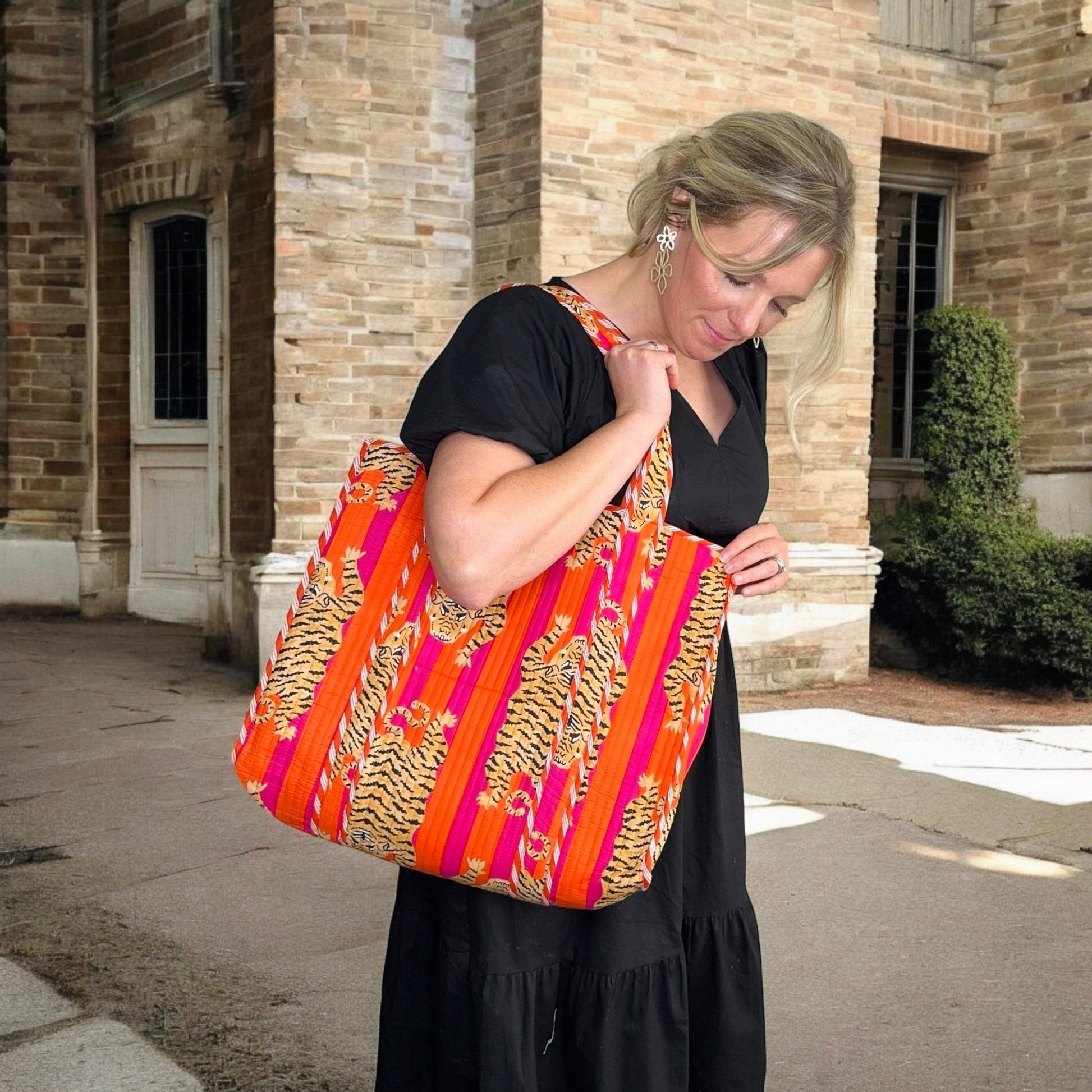 Large Quilted Tote Bag | Block Print | Orange Pink Tiger - Gray Bird Label