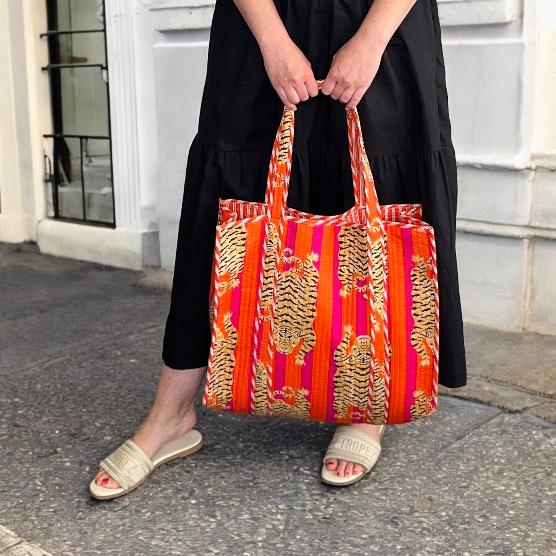 Large Quilted Tote Bag | Block Print | Orange Pink Tiger - Gray Bird Label