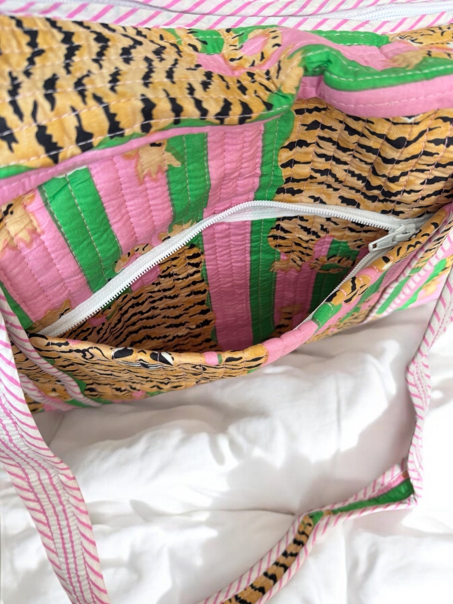 Overnight Quilted Zip - Top Duffle Bag | Block Print | Pink & Green Tiger - Gray Bird Label