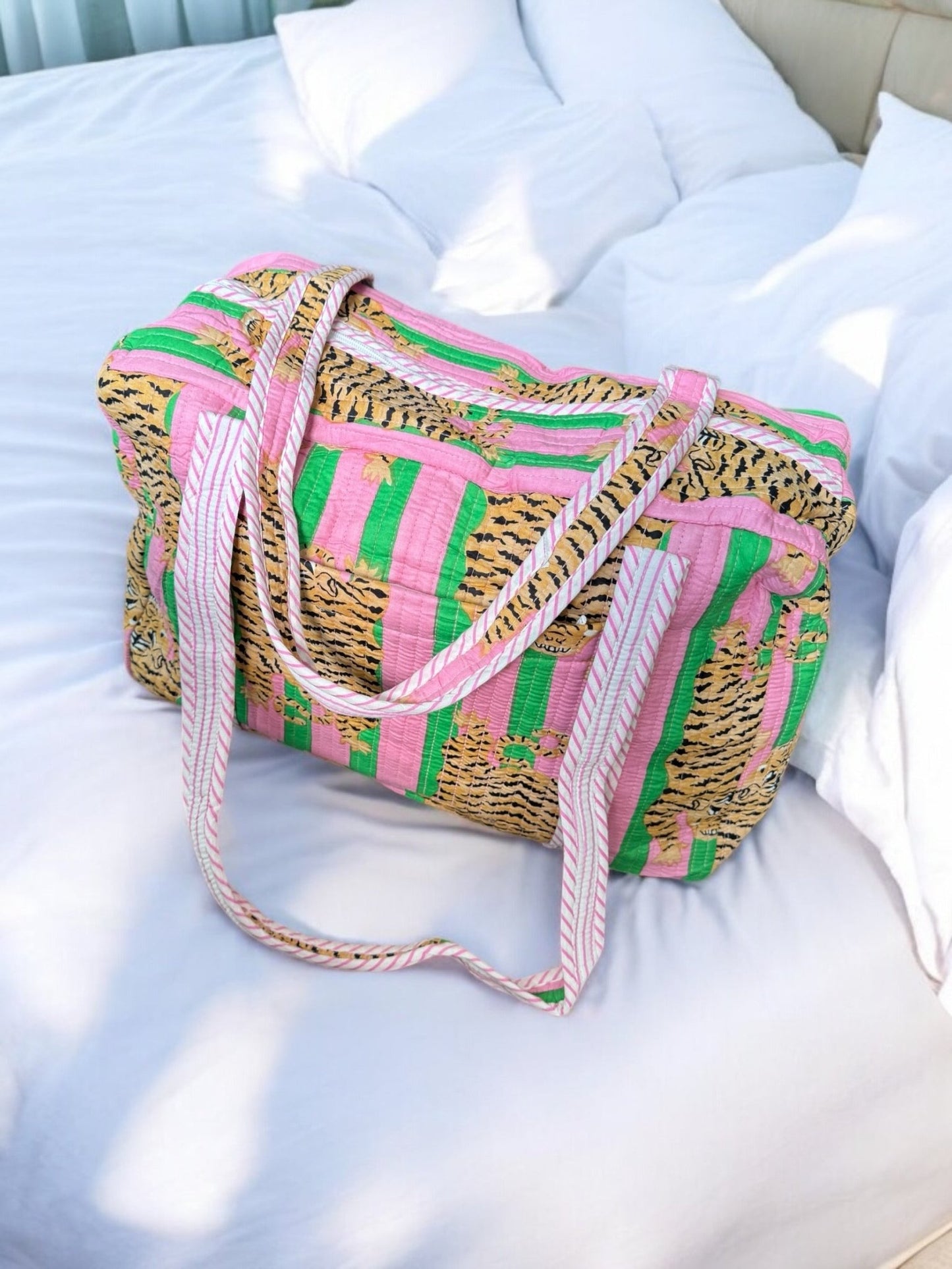 Overnight Quilted Zip - Top Duffle Bag | Block Print | Pink & Green Tiger - Gray Bird Label