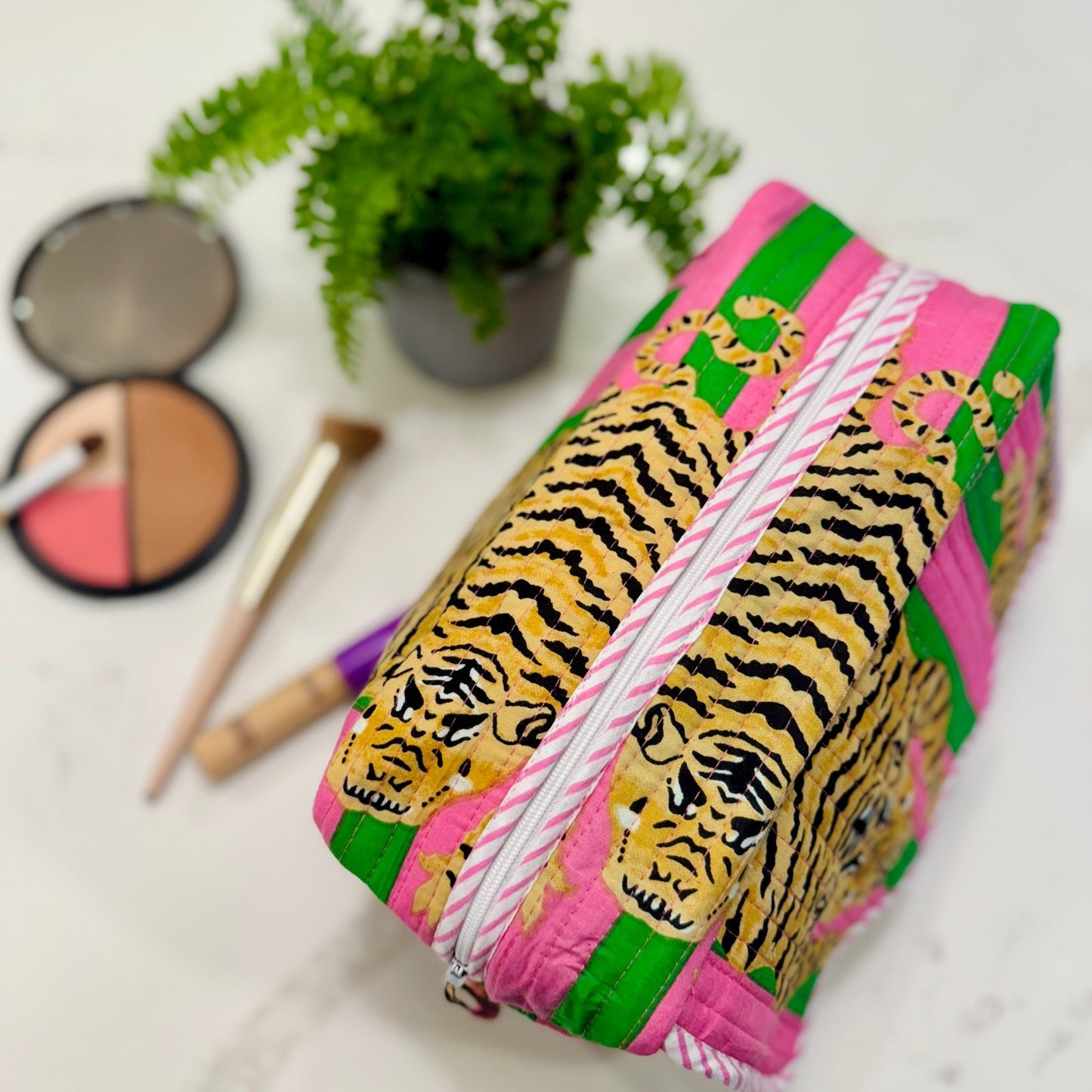 Scalloped Makeup Travel Toiletry Bag | Pink Green Tiger Stripe - Gray Bird Label