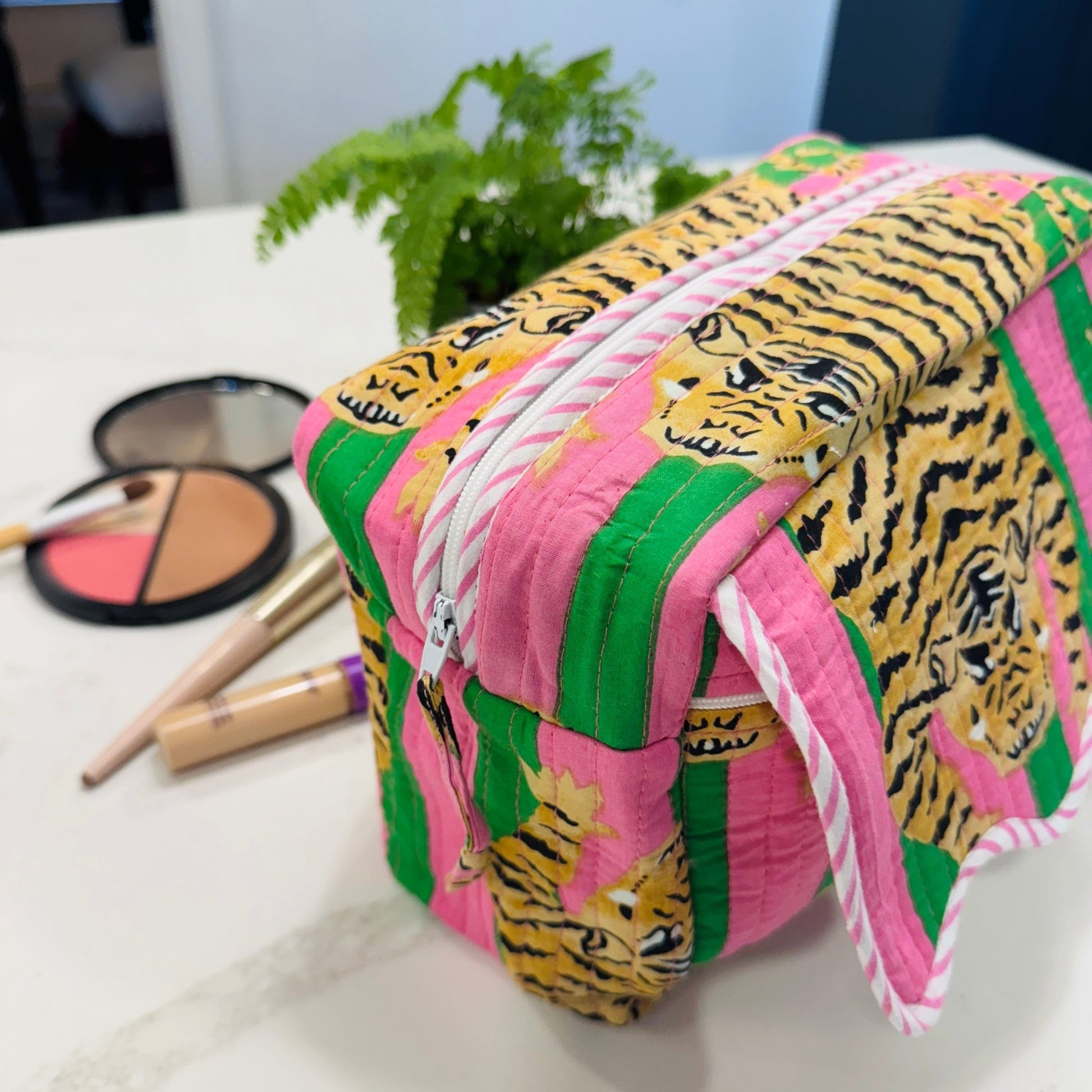 Scalloped Makeup Travel Toiletry Bag | Pink Green Tiger Stripe - Gray Bird Label