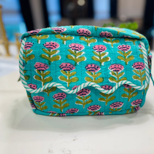 Scalloped Makeup Travel Toiletry Bag | Turquoise with Pink Florals - Gray Bird Label