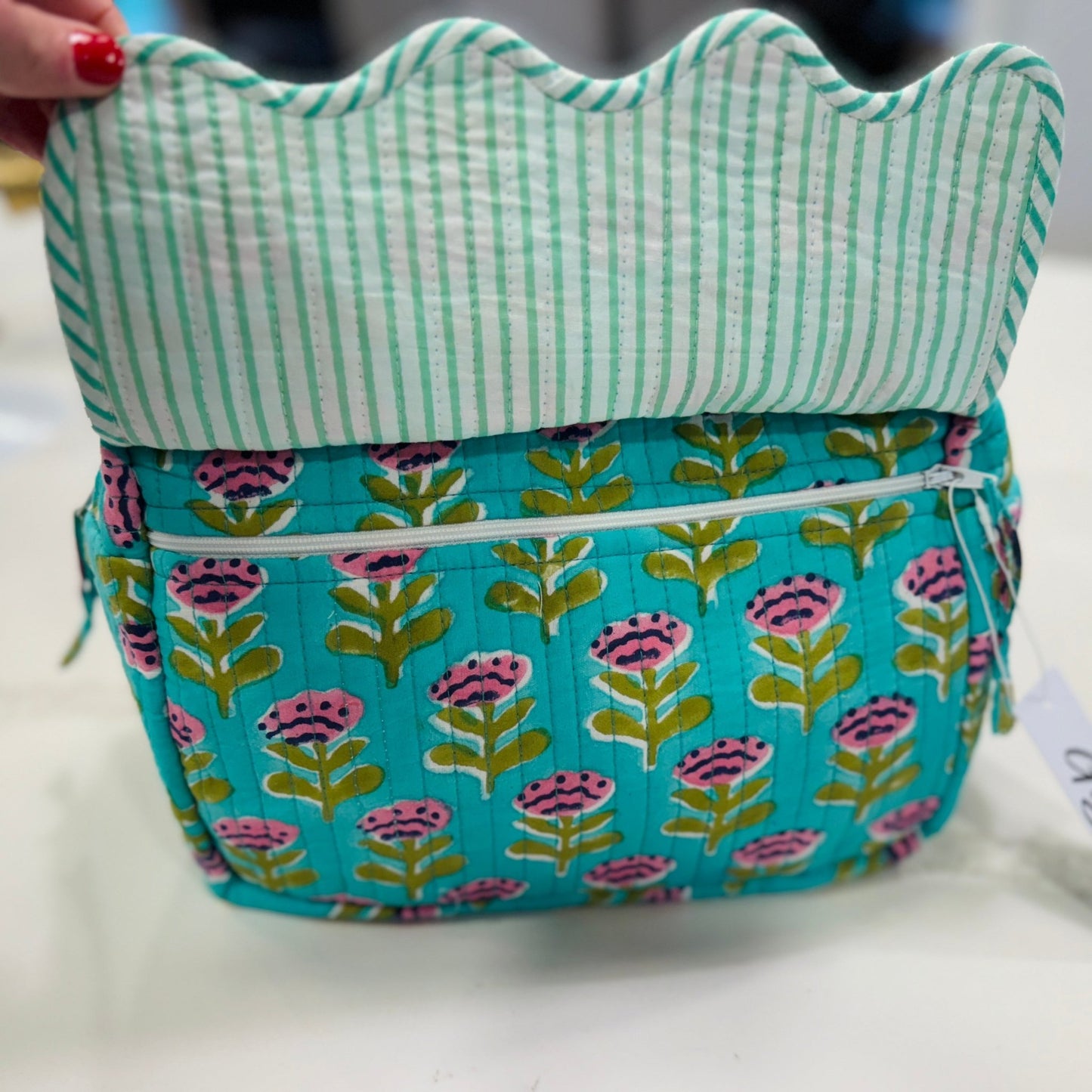 Scalloped Makeup Travel Toiletry Bag | Turquoise with Pink Florals - Gray Bird Label