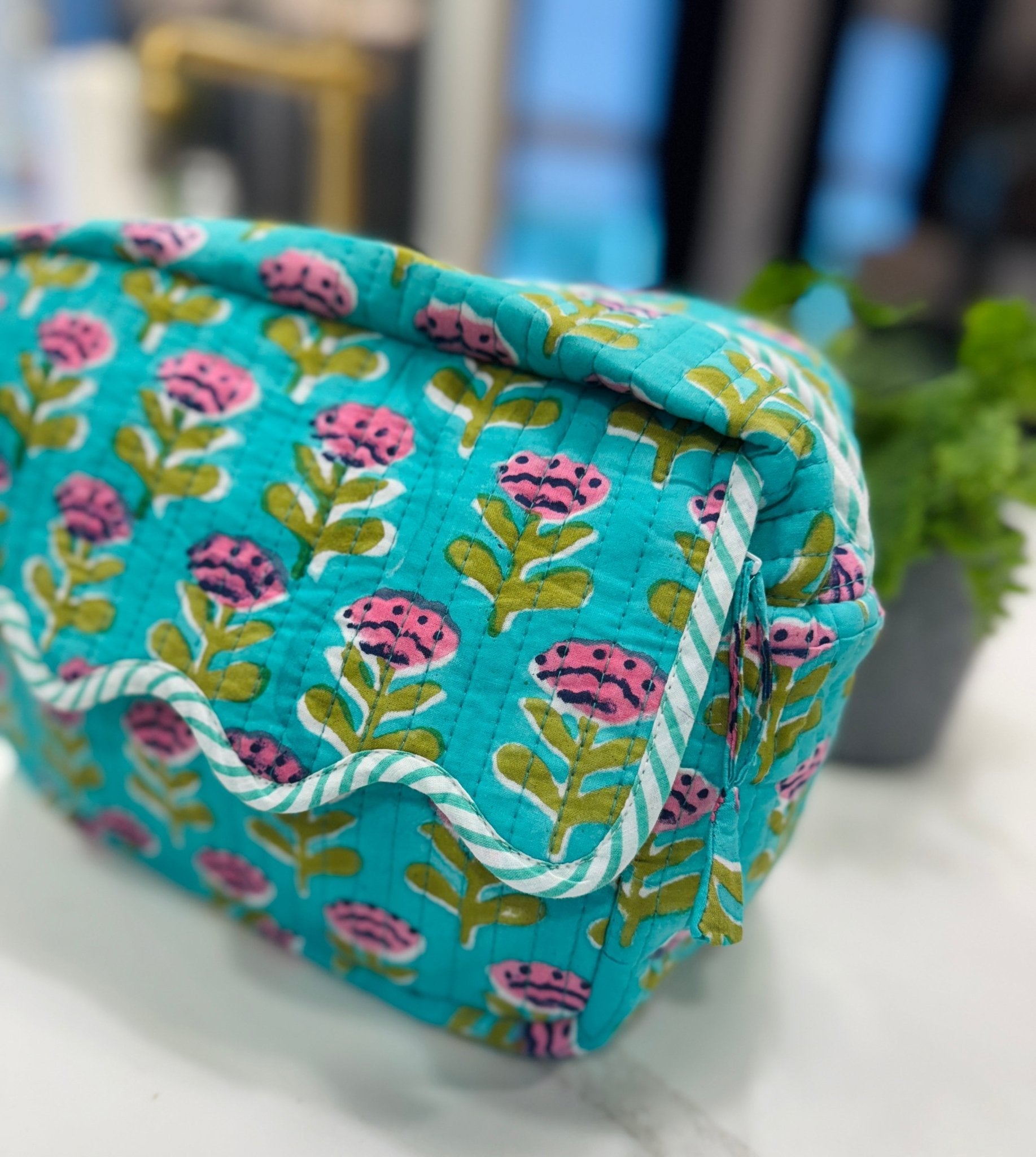 Scalloped Makeup Travel Toiletry Bag | Turquoise with Pink Florals - Gray Bird Label