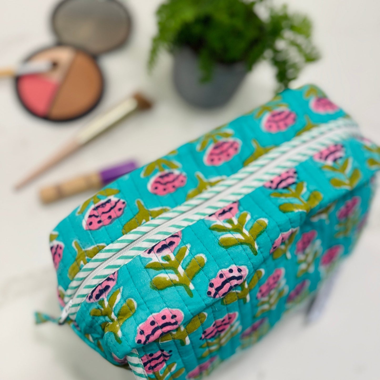 Scalloped Makeup Travel Toiletry Bag | Turquoise with Pink Florals - Gray Bird Label