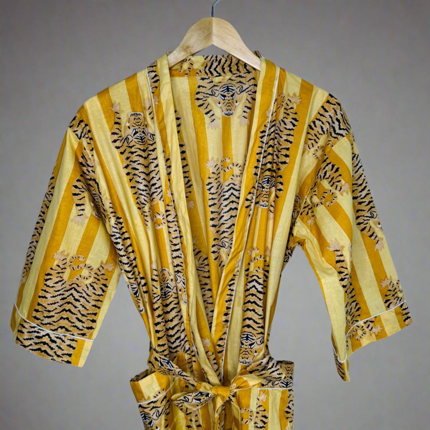 Women's 100% Cotton Indian Block Printed Kimono Robe- Golden Yellow - Gray Bird Label
