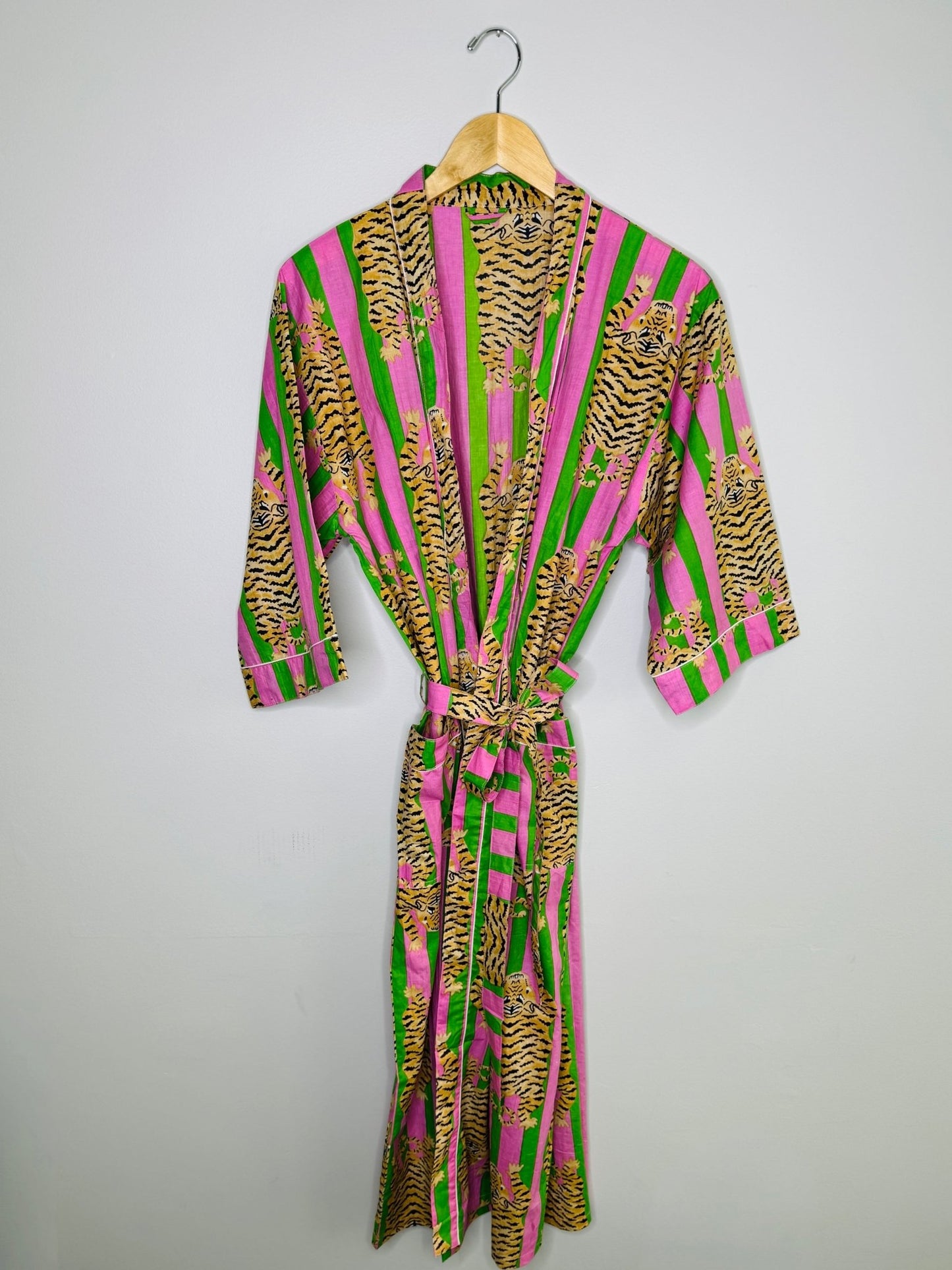 Women's 100% Cotton Indian Block Printed Kimono Robe- Green & Pink - Gray Bird Label