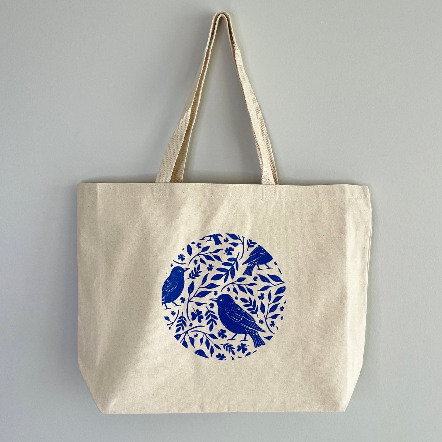 Bird & Fern Canvas Tote Bag- Blue - Gray Bird Label