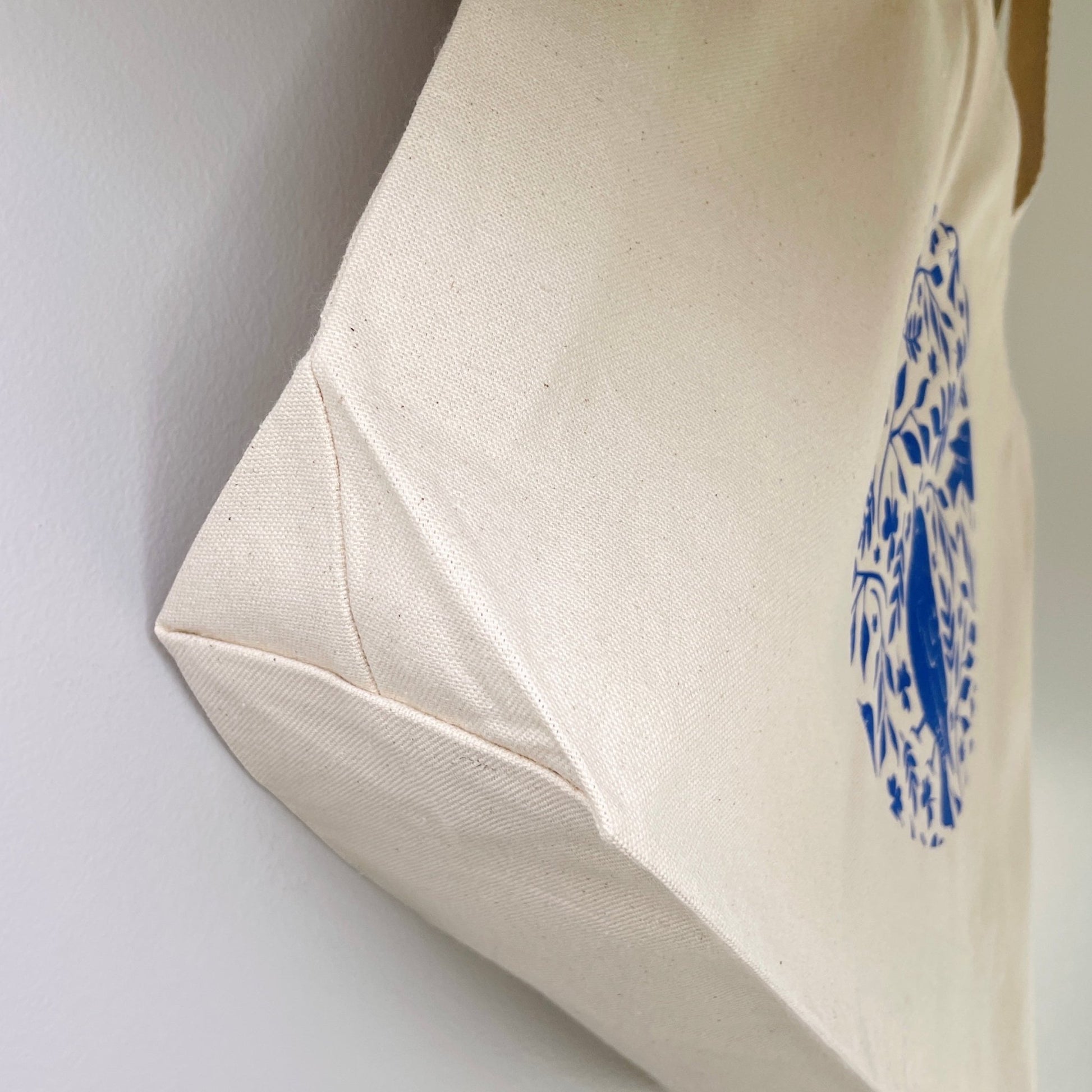 Bird & Fern Canvas Tote Bag- Blue - Gray Bird Label