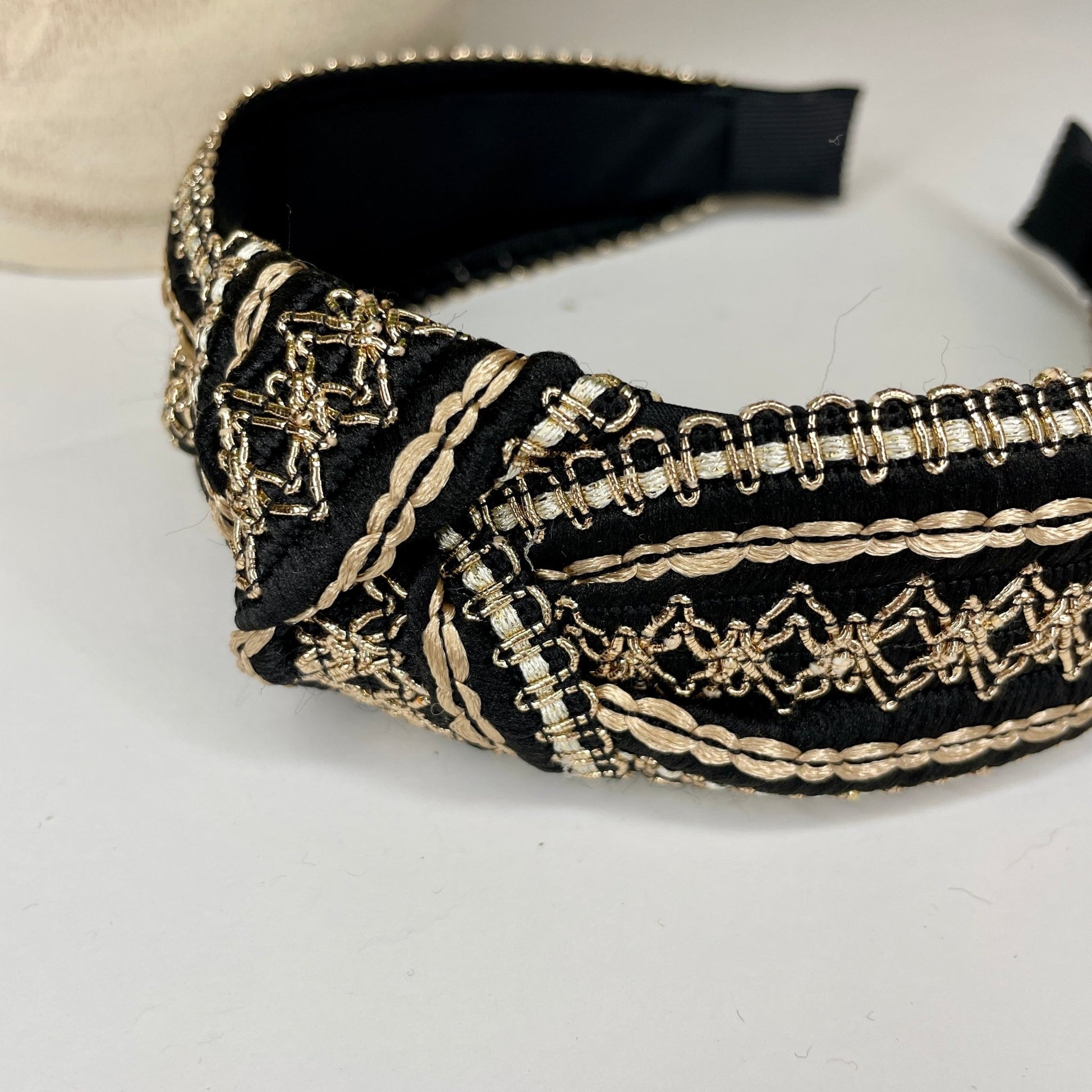 Black with Gold Delicately Stitched Knot Headband - Gray Bird Label