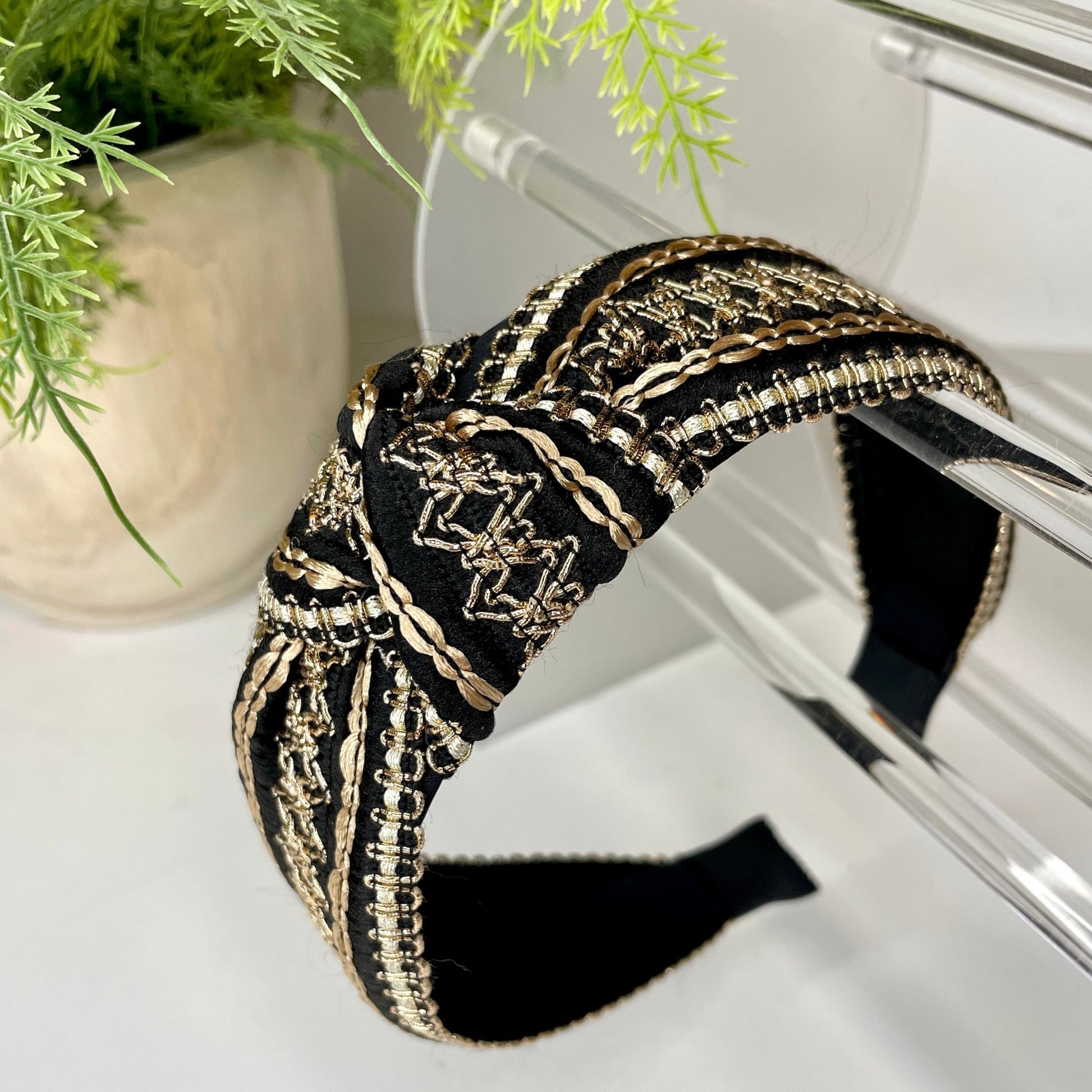 Black with Gold Delicately Stitched Knot Headband - Gray Bird Label