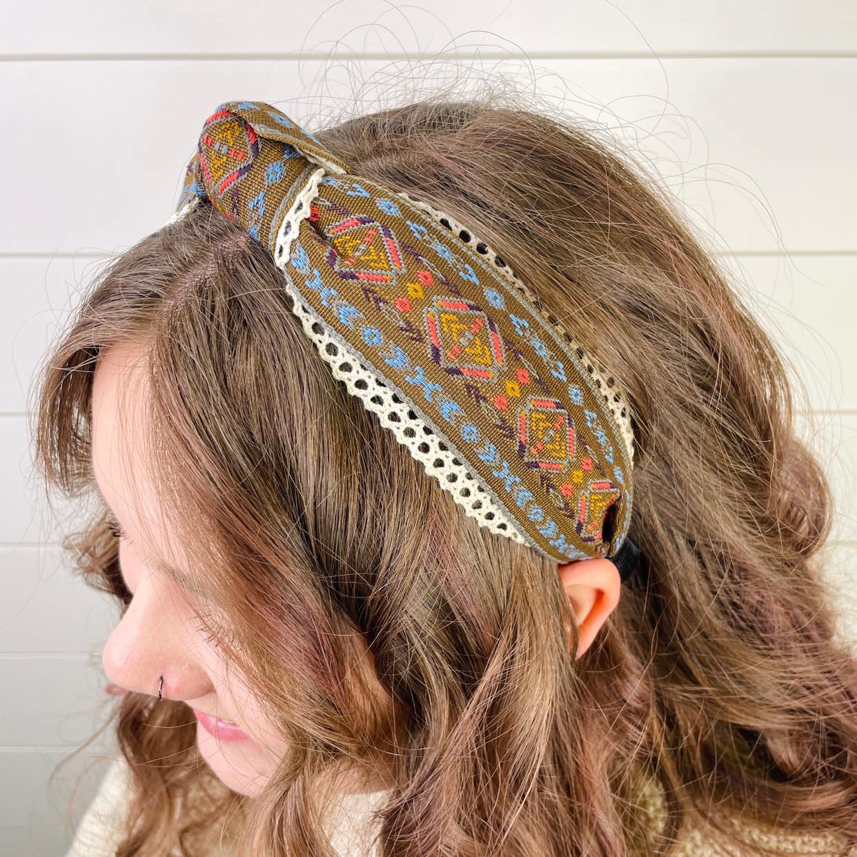 Brown Aztec Lace Knot Headband - Gray Bird
