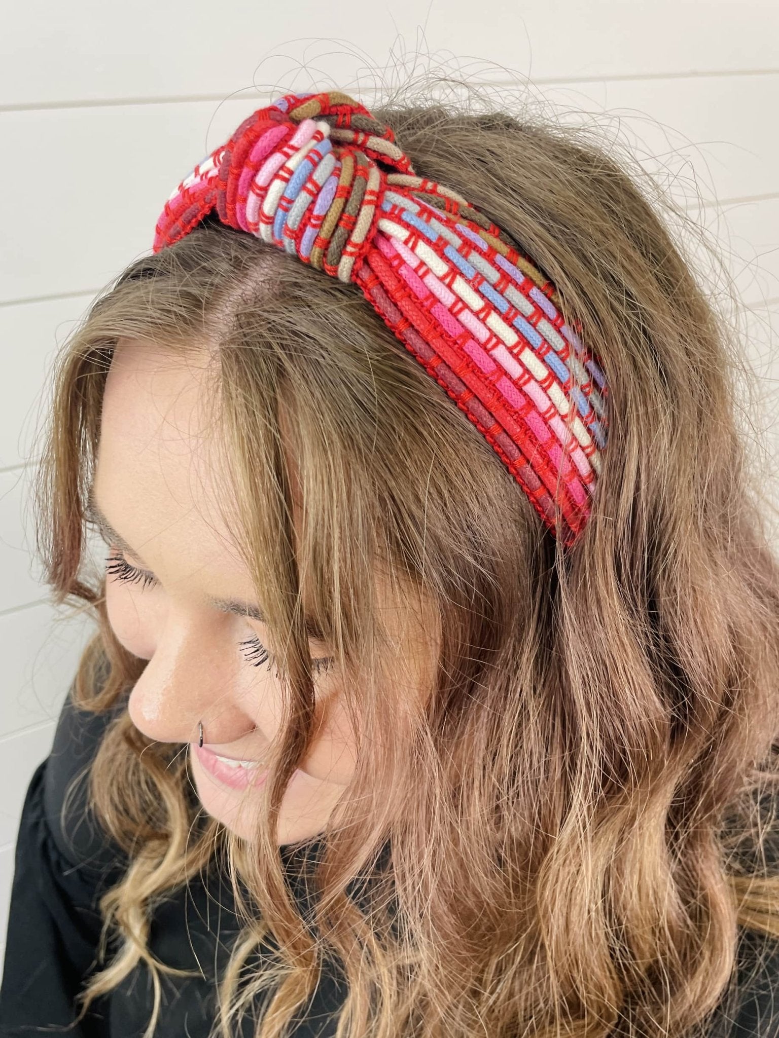 Colorful Red Woven Knot Headband - Gray Bird