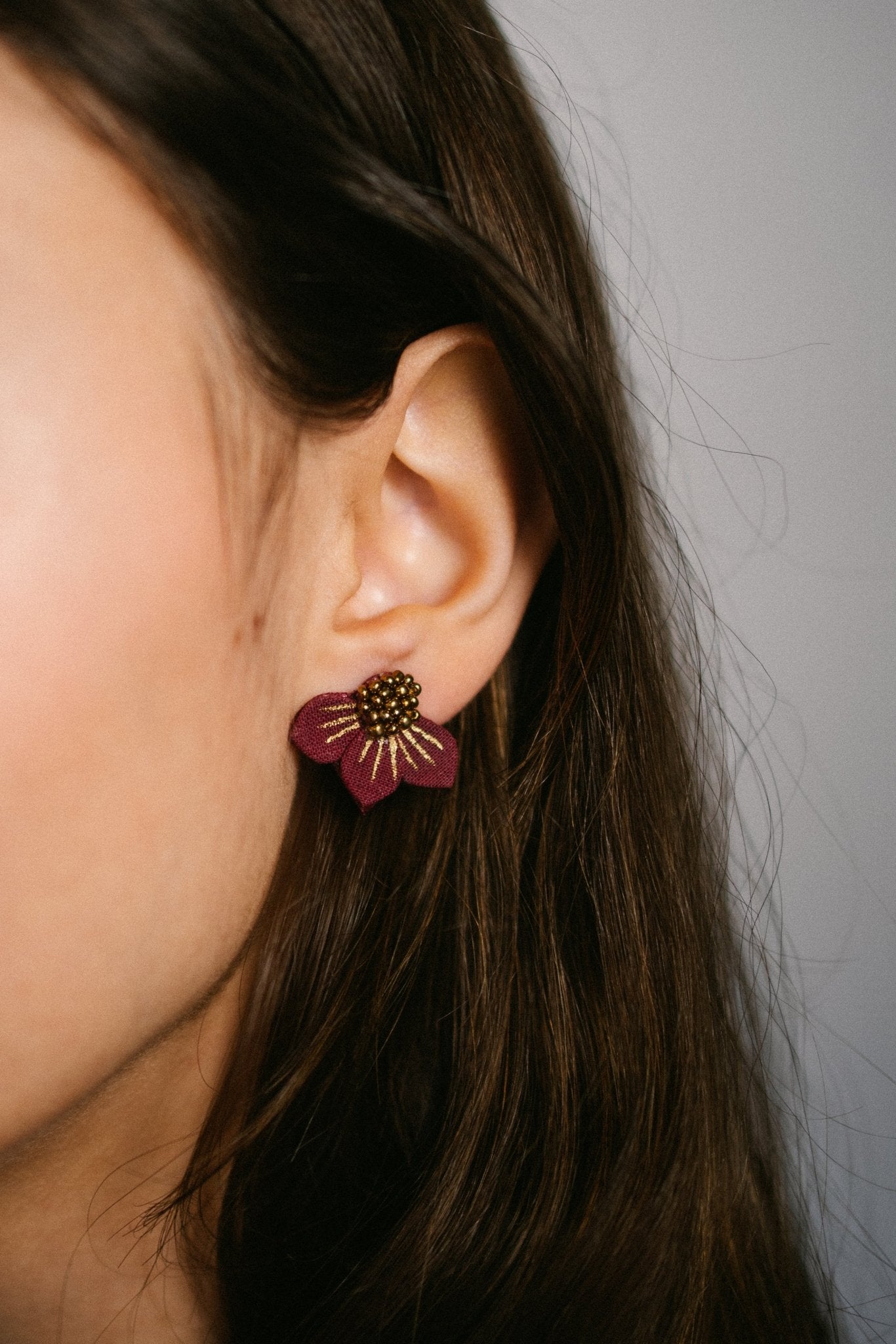 Hand-Painted, Hand-Beaded Fabric Floral Stud Earrings- Dark Rose - Gray Bird Label