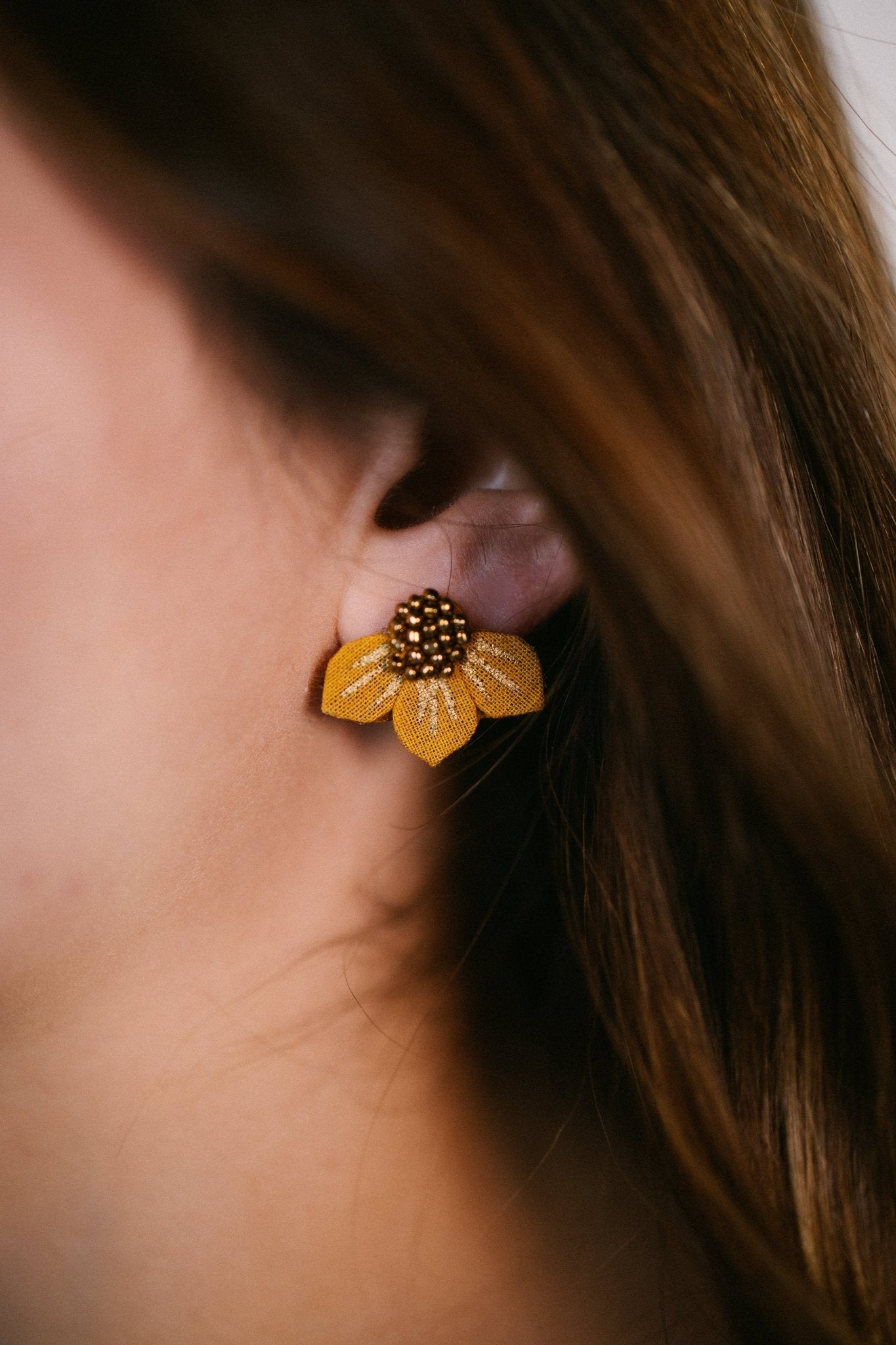 Hand-Painted, Hand-Beaded Fabric Floral Stud Earrings- Yellow - Gray Bird Label