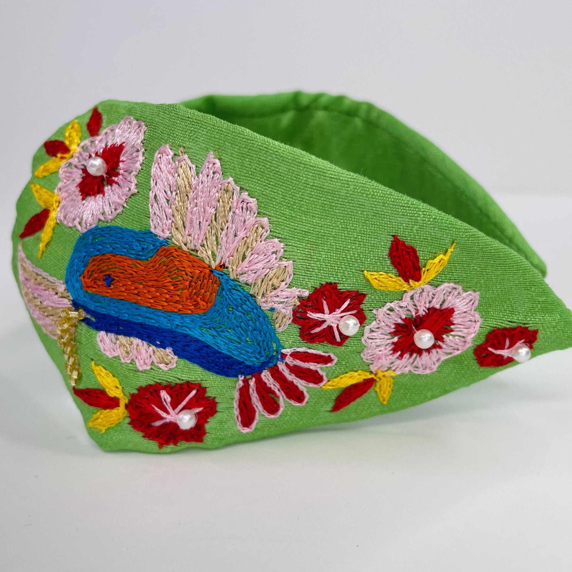 Hannah Green Hummingbird Hand Embroidered Luxury Headband - Gray Bird