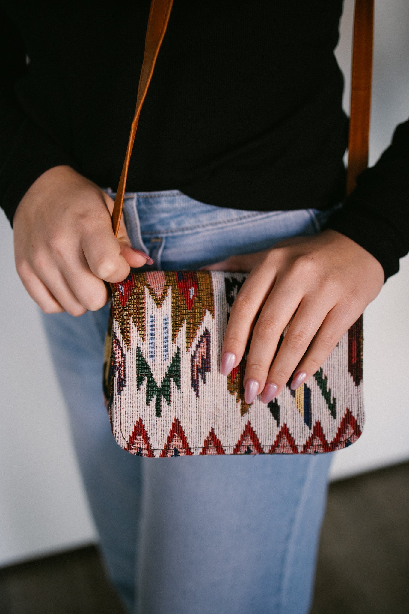 Indian Made Box Sling Purse- Aztec Print - Gray Bird Label