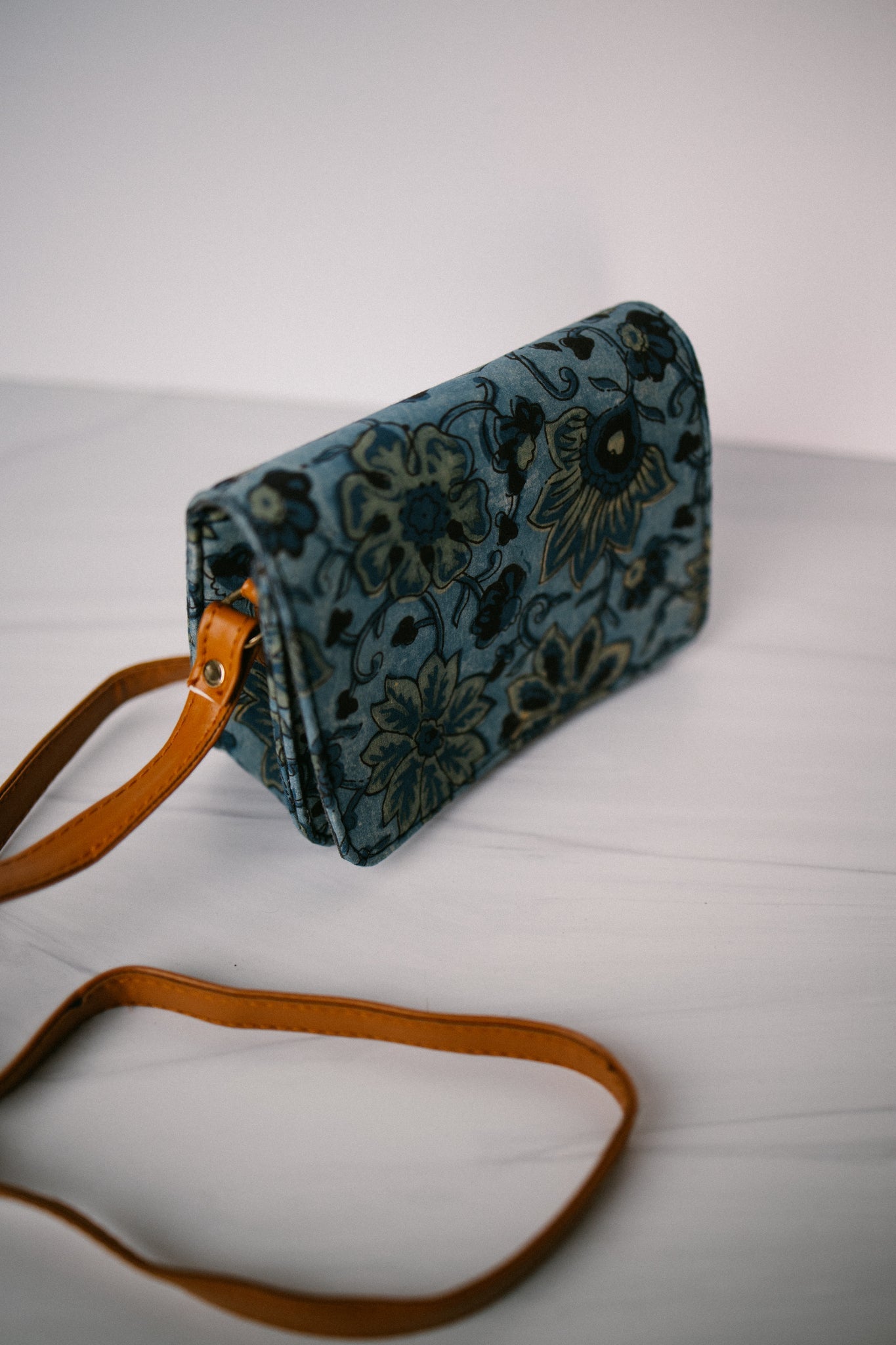 Indian Made Box Sling Purse- Blue Floral - Gray Bird Label