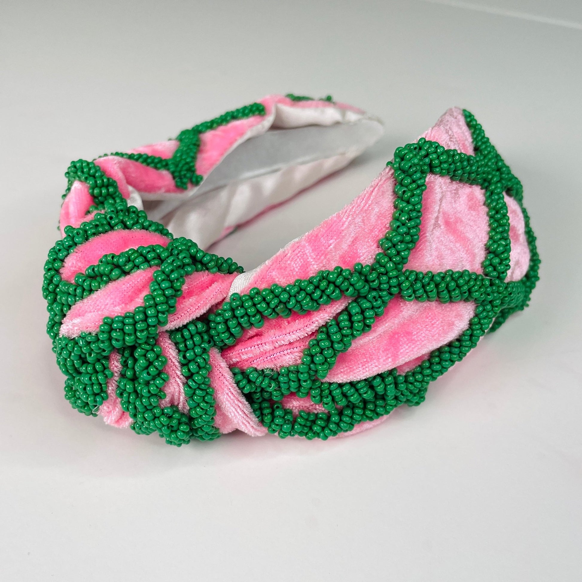 Preppy Pink & Kelly Green Hand Seed Beaded Lattice Luxury Knot Headband - Gray Bird