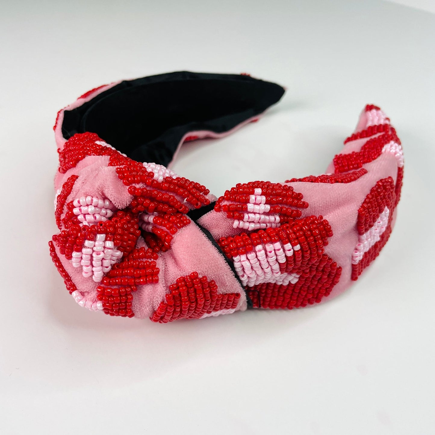 Preppy Pink & Red Leopard Hand Beaded Seed Bead Luxury Knot Headband - Gray Bird