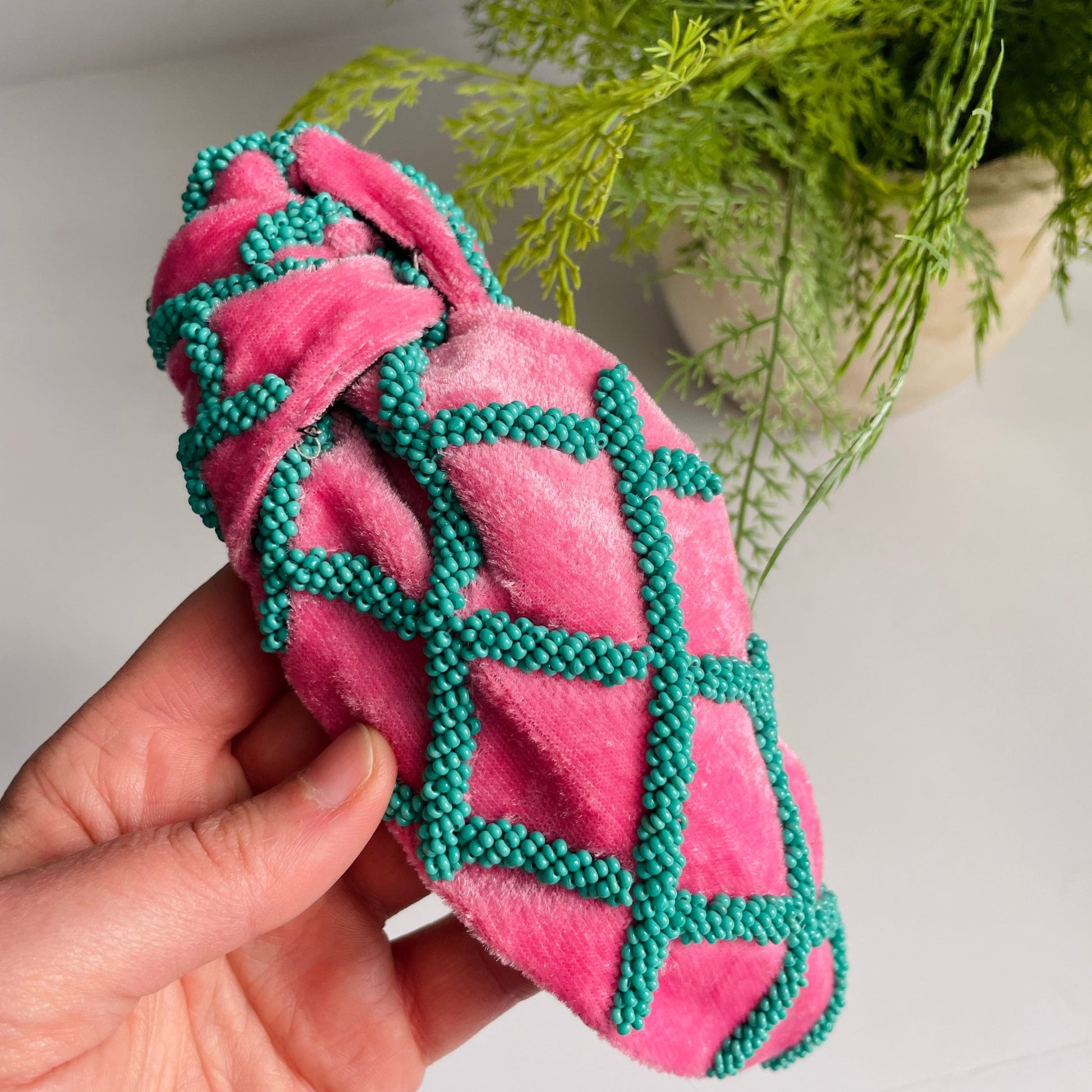 Preppy Pink & Seafoam Green Hand Seed Beaded Lattice Luxury Knot Headband - Gray Bird Label