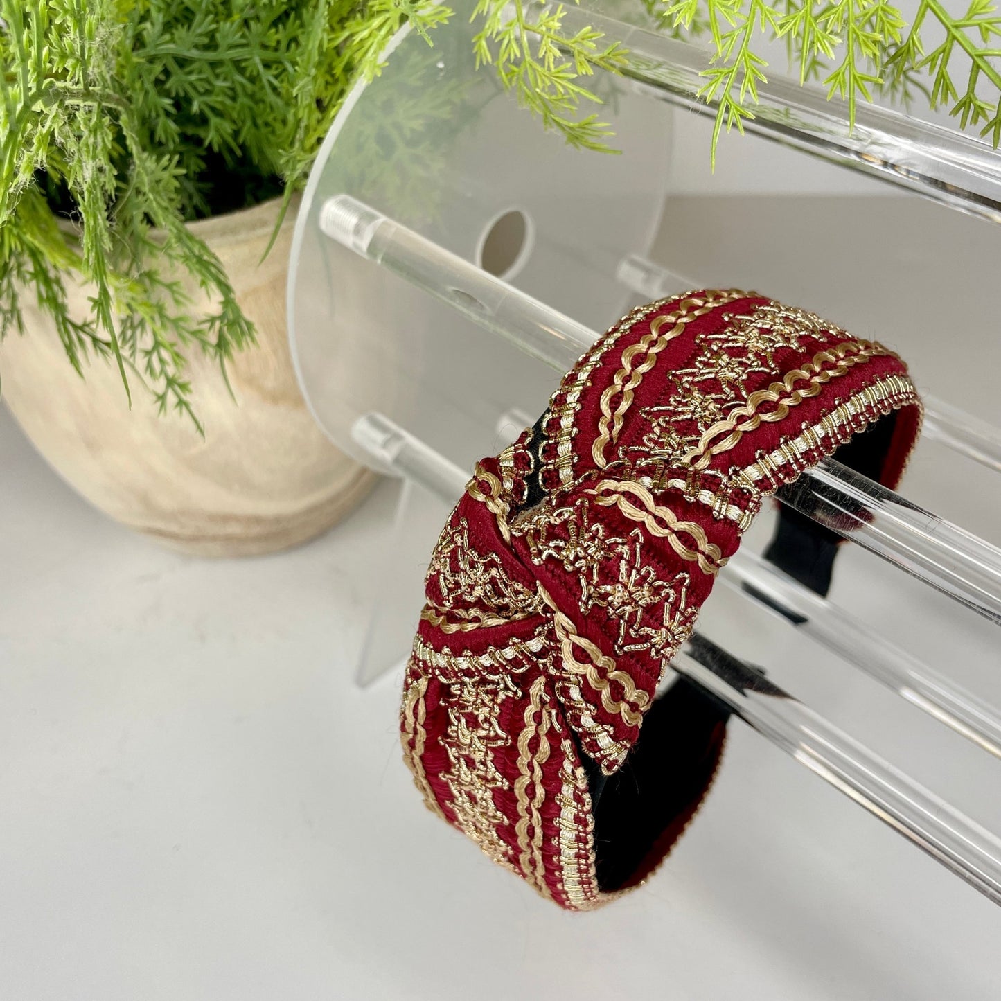 Red with Gold Delicately Stitched Knot Headband - Gray Bird Label