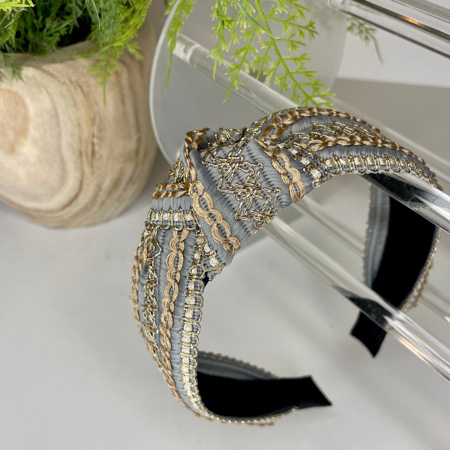 Silver with Gold Delicately Stitched Knot Headband - Gray Bird Label
