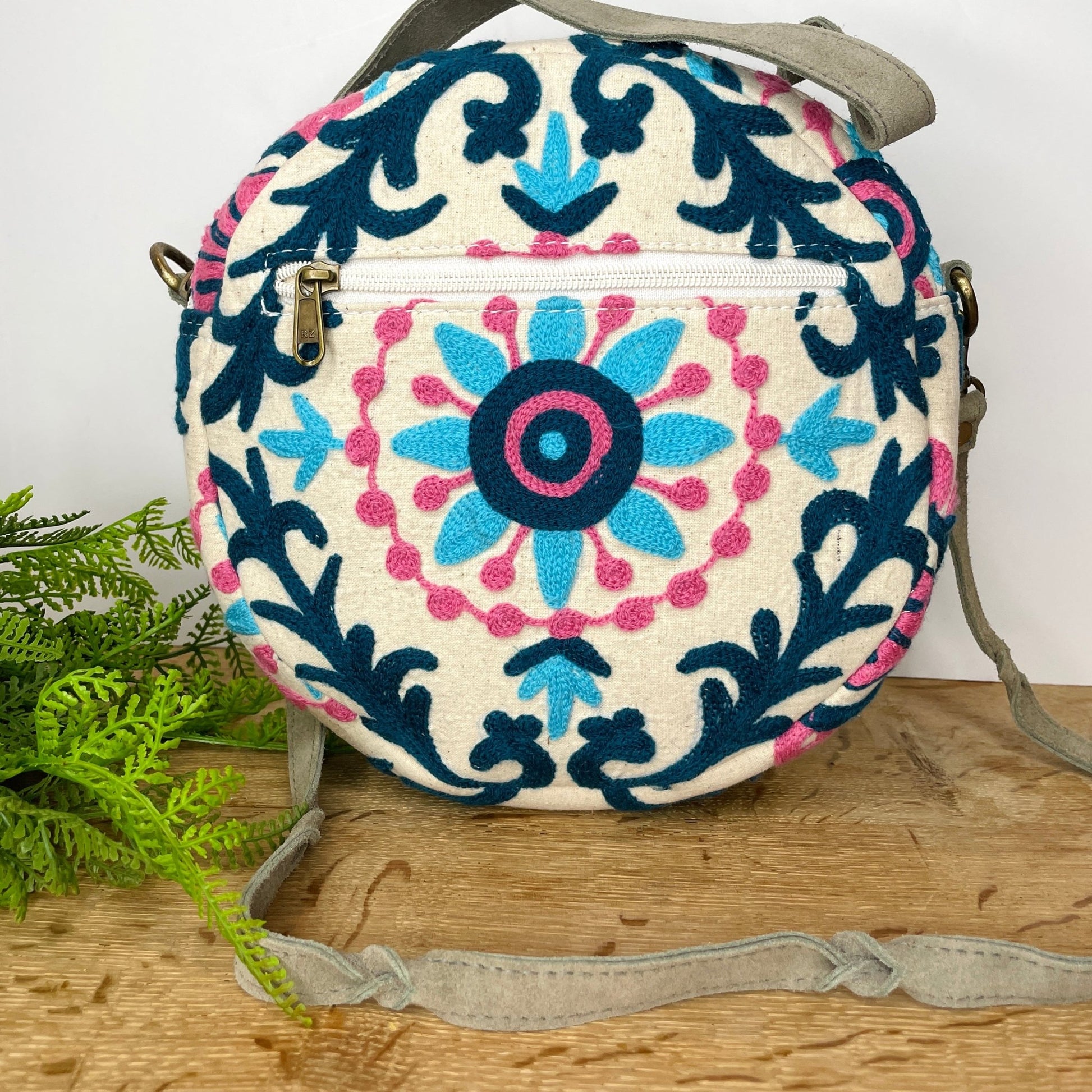 Suzani Hand-Embroidered Round Sling Bag- Pink & Blue - Gray Bird Label