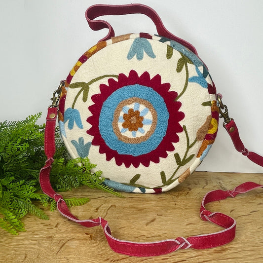 Suzani Hand-Embroidered Round Sling Bag- Red - Gray Bird Label
