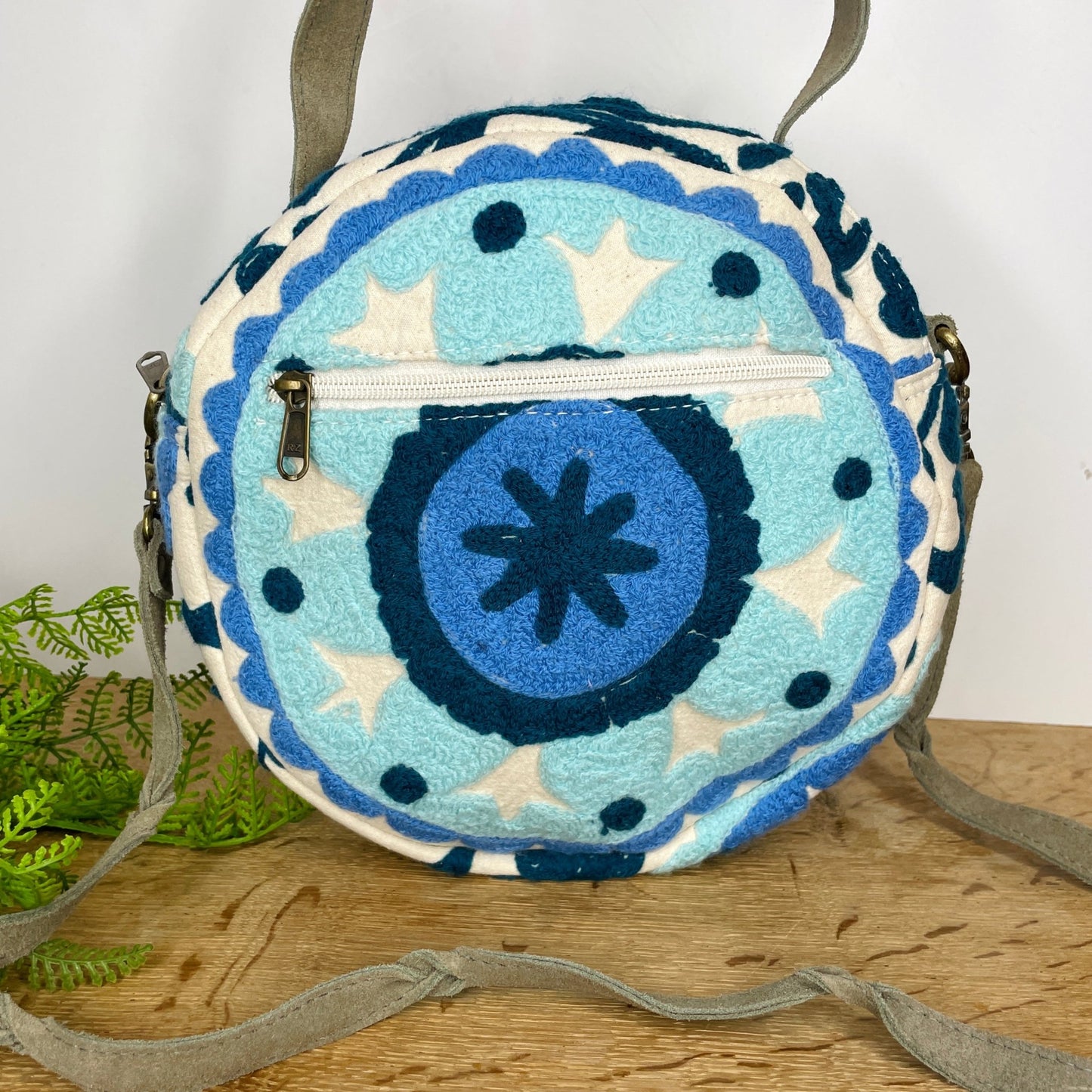 Suzani Hand-Embroidered Round Sling Bag- Shades of Blue - Gray Bird Label
