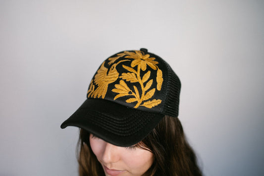 Tenango Hand Embroidered Trucker Hat- Black & Gold - Gray Bird Label
