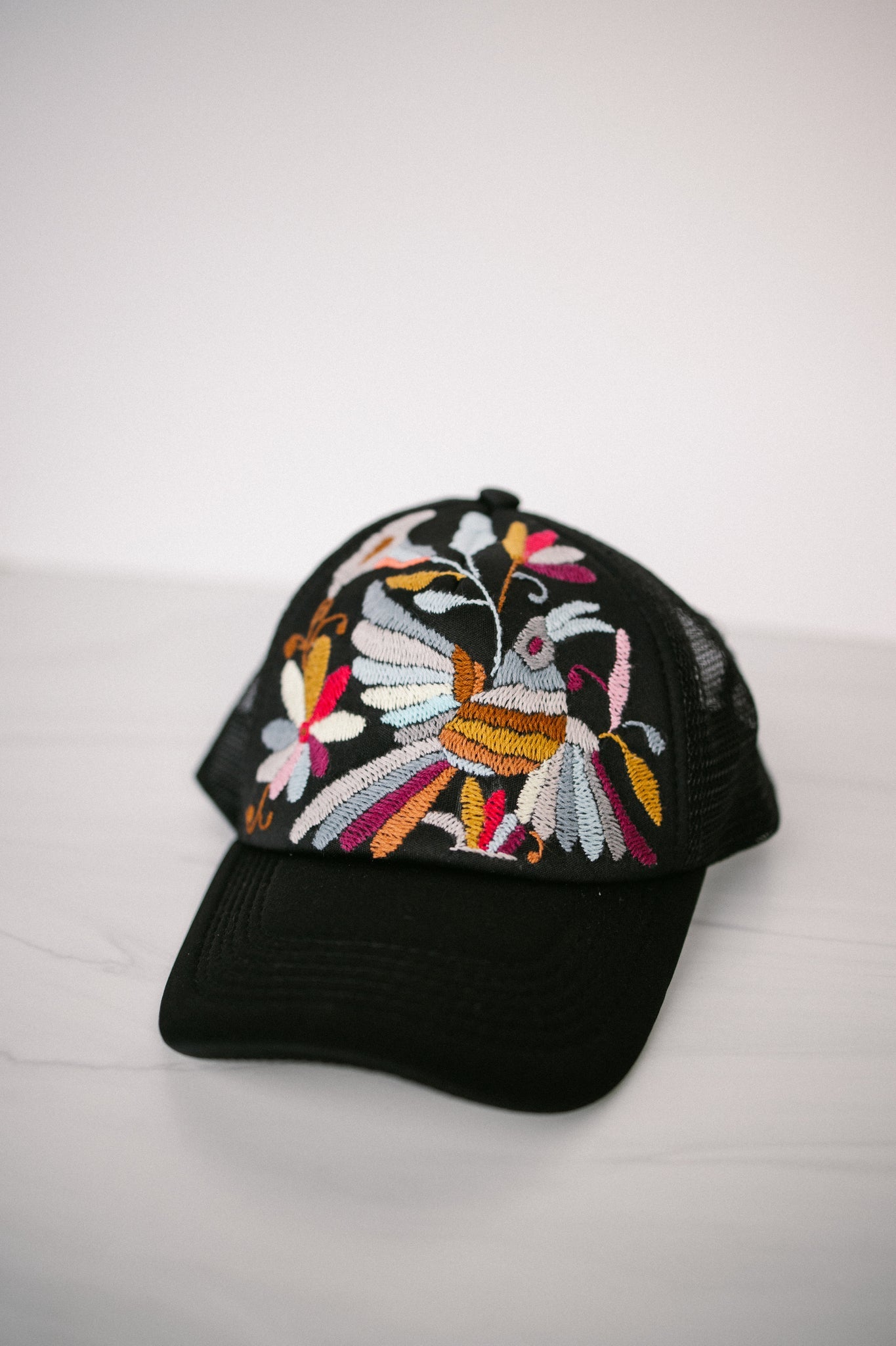 Tenango Hand-Embroidered Trucker Hat- Colorful Black - Gray Bird Label