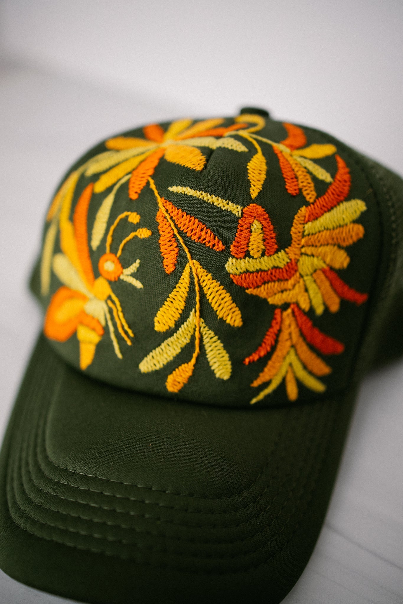 Tenango Hand Embroidered Trucker Hat- Olive Green - Gray Bird Label