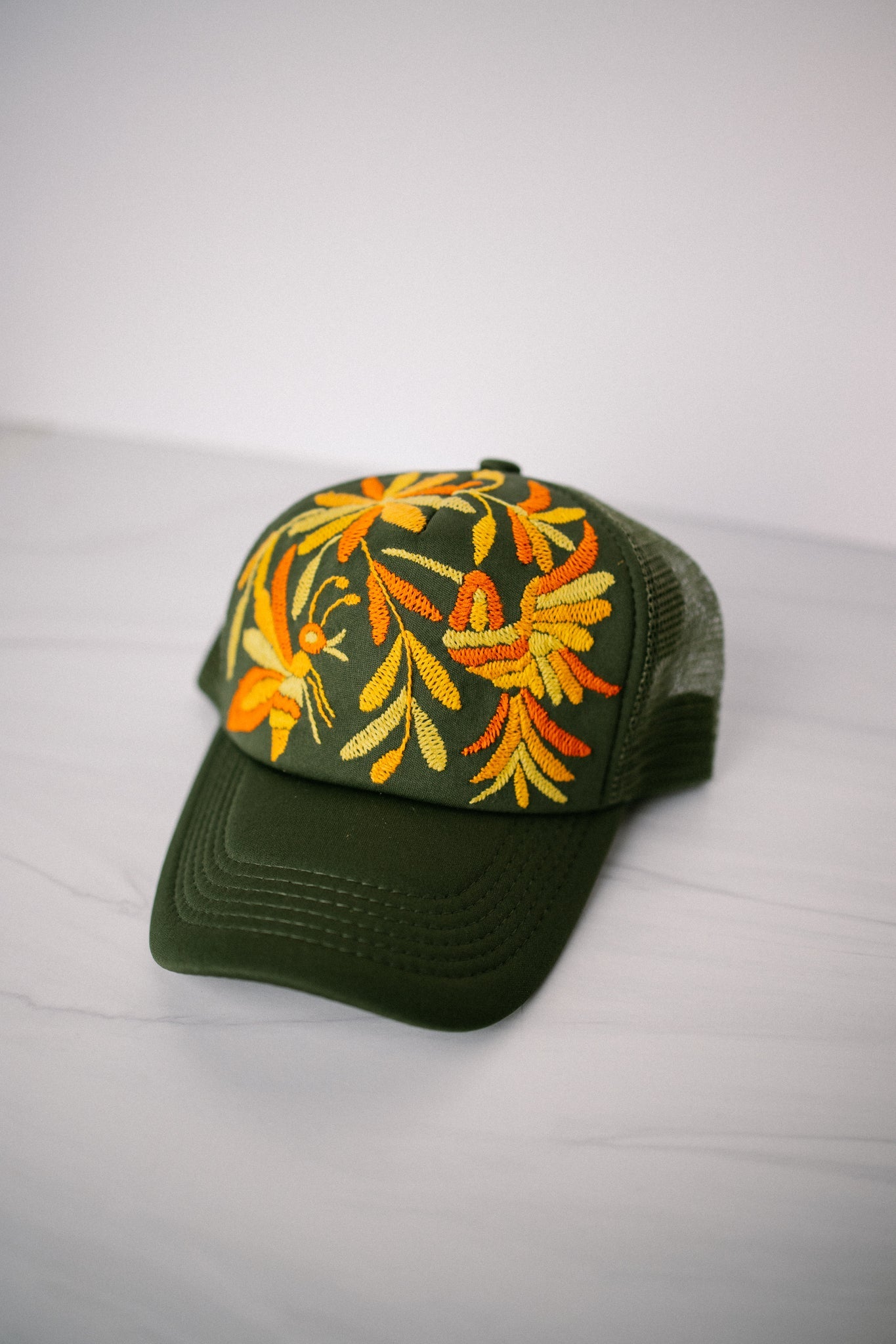 Tenango Hand Embroidered Trucker Hat- Olive Green - Gray Bird Label