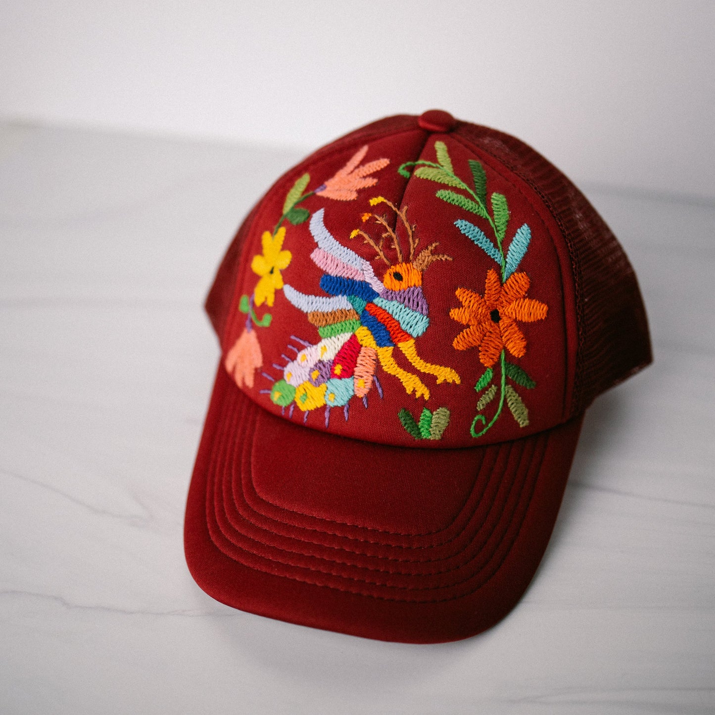 Tenango Hand Embroidered Trucker Hat- Wine - Gray Bird Label