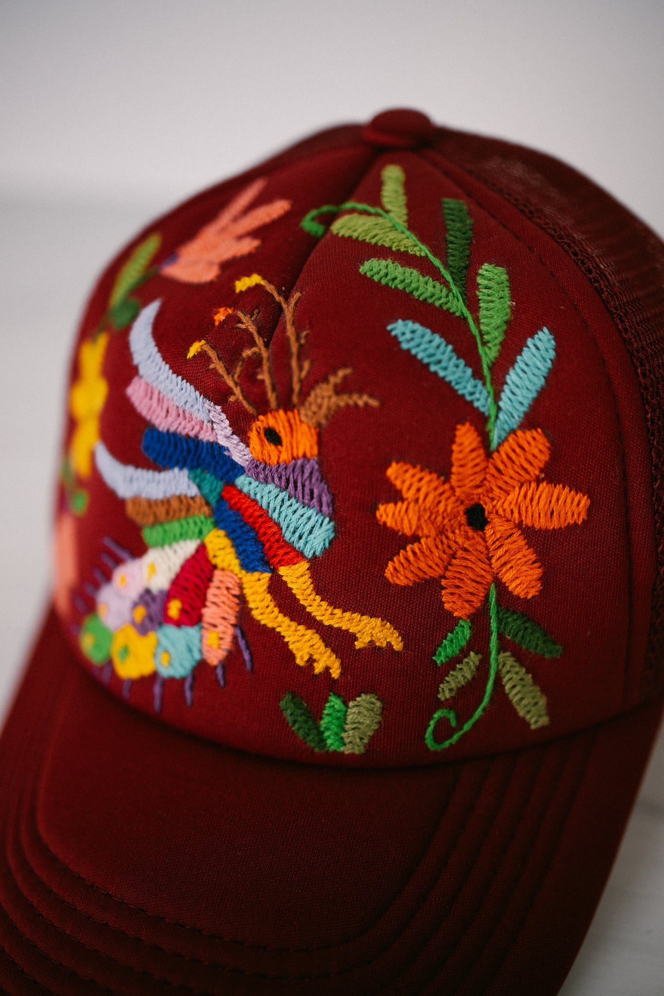 Tenango Hand Embroidered Trucker Hat- Wine - Gray Bird Label