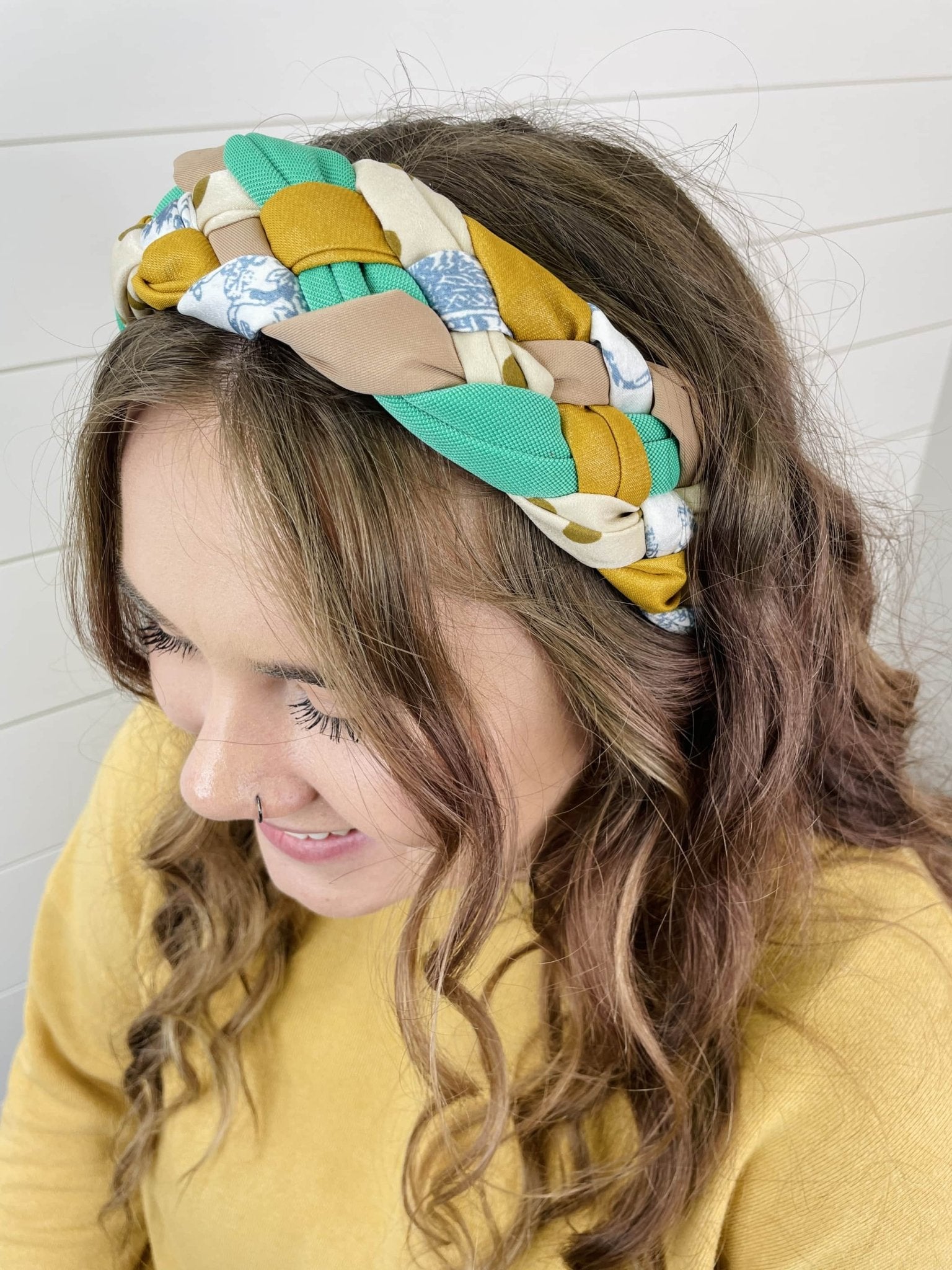 Unique Braided Fabric Headband- Green - Gray Bird