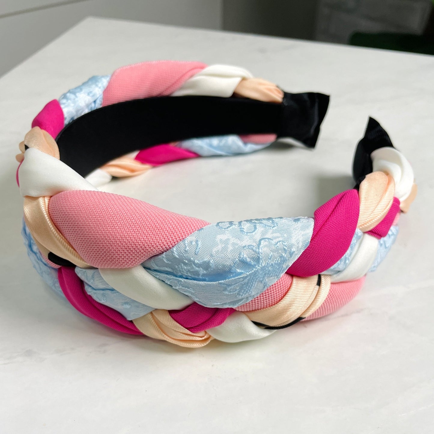 Unique Braided Fabric Headband- Pink - Gray Bird