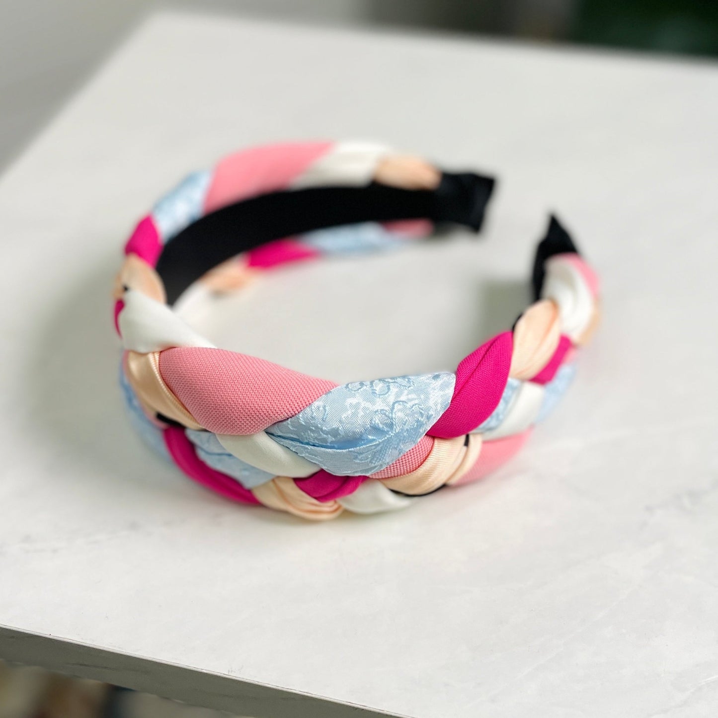 Unique Braided Fabric Headband- Pink - Gray Bird