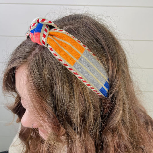 Vintage Knot Embroidered Striped Headband- Gray & Orange - Gray Bird